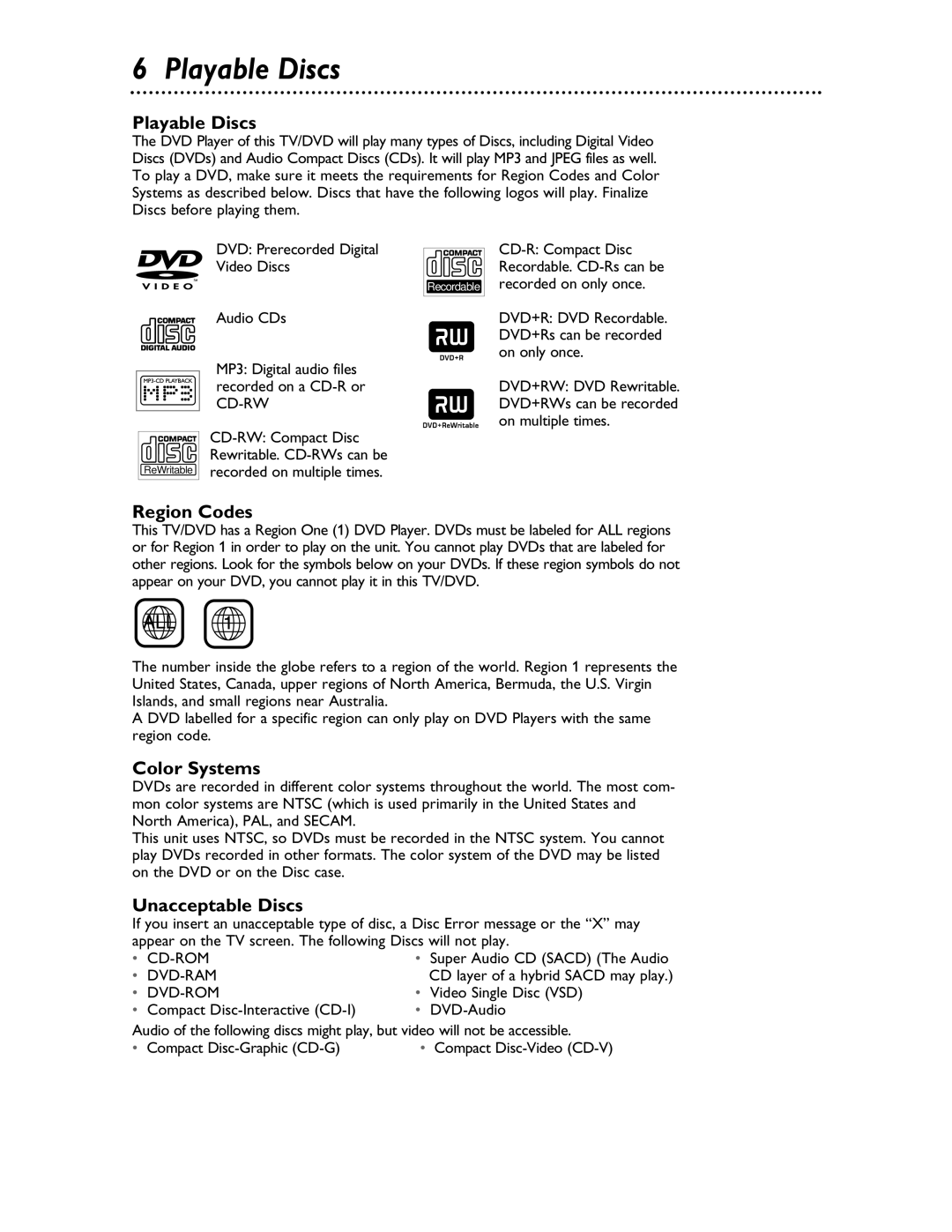 Magnavox 20MDRF20 owner manual Playable Discs, Region Codes, Color Systems, Unacceptable Discs 