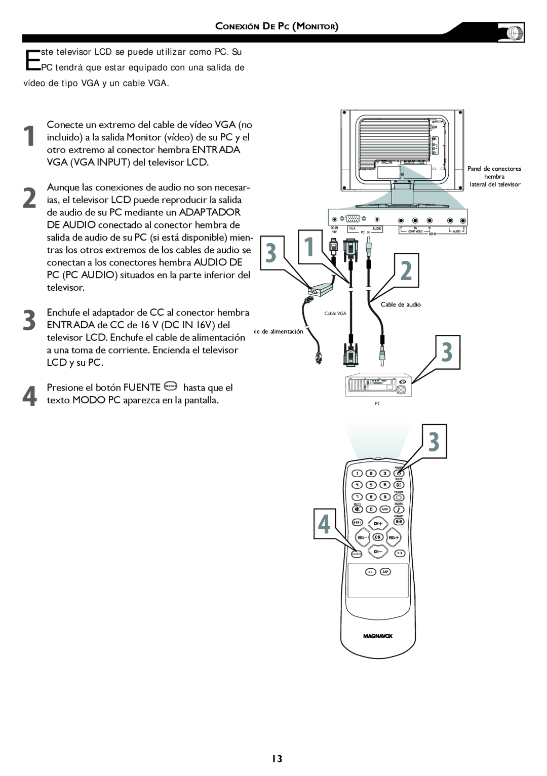 Magnavox 15MF, 20MF Ias, el televisor LCD puede reproducir la salida, DE Audio conectado al conector hembra de, Televisor 