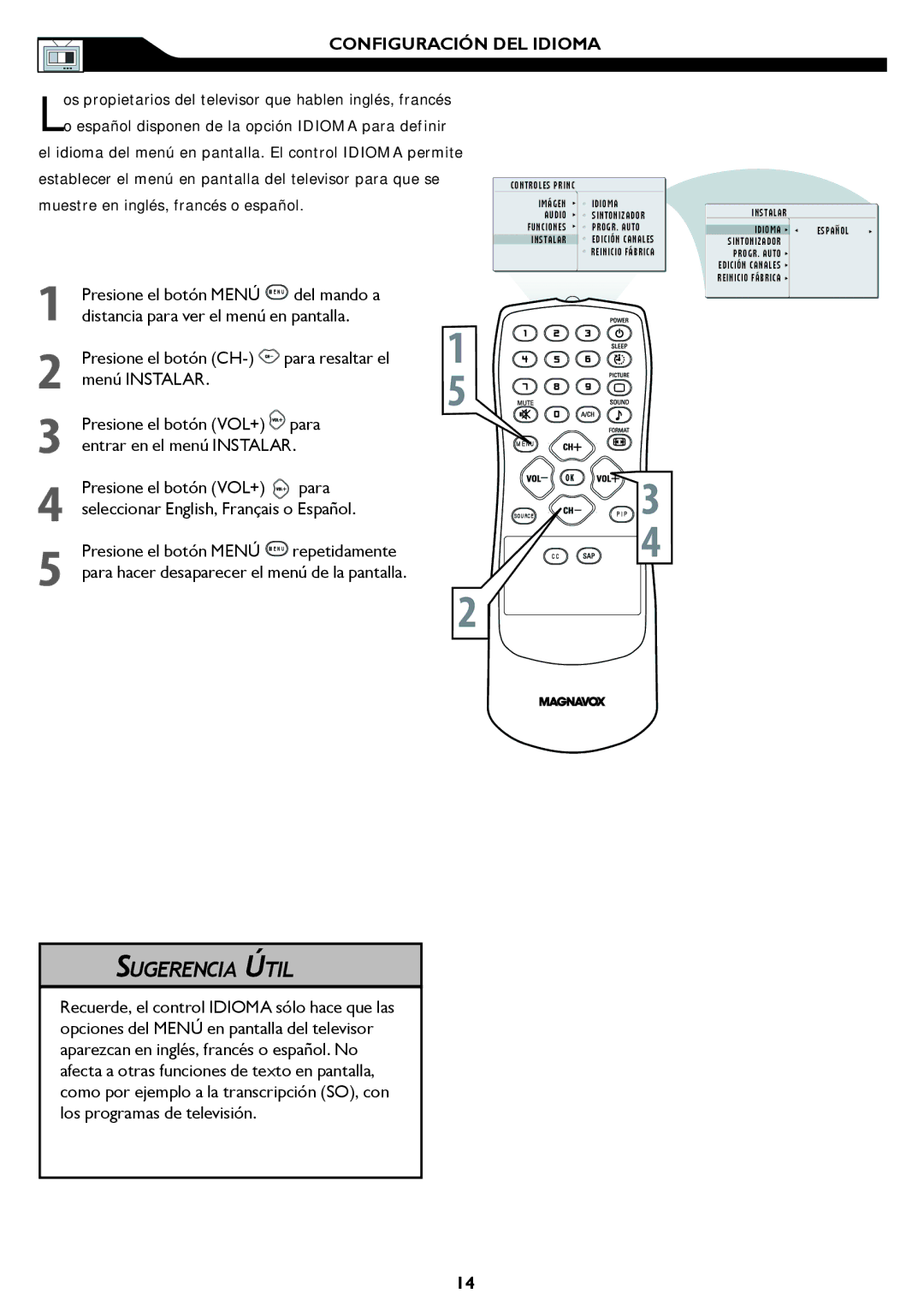 Magnavox 20MF, 15MF manual Configuración DEL Idioma 