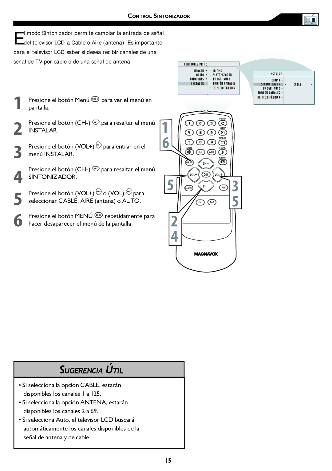 Magnavox 15MF, 20MF manual Presione el botón CH Para resaltar el menú, Instalar 