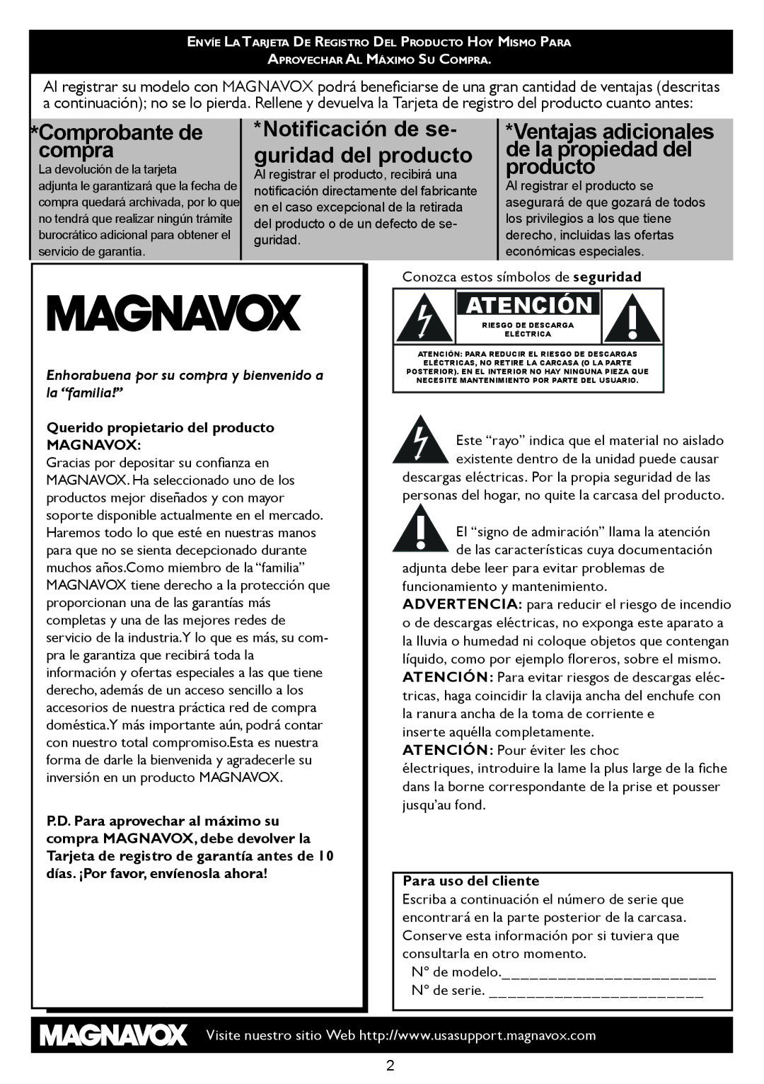 Magnavox 20MF, 15MF manual Querido propietario del producto, Conozca estos símbolos de seguridad, Para uso del cliente 