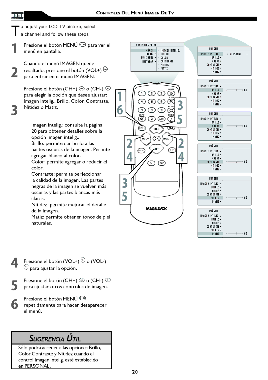 Magnavox 20MF, 15MF manual Controles DEL Menú Imagen DE TV 