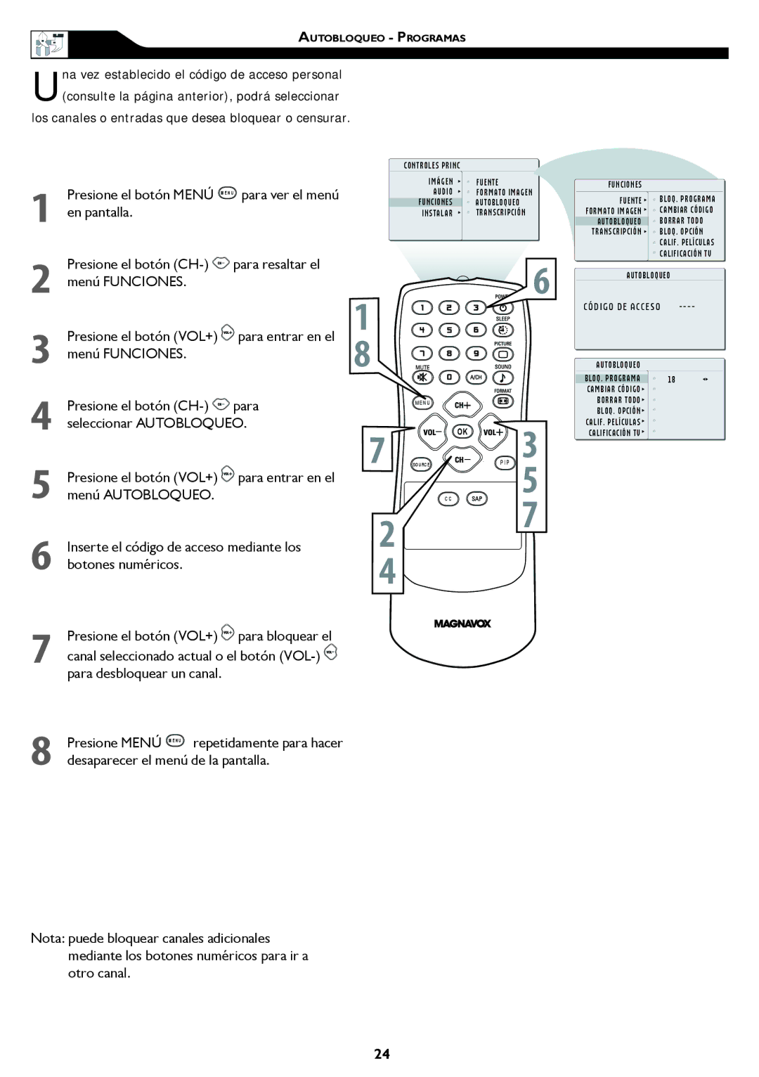 Magnavox 20MF, 15MF manual Los canales o entradas que desea bloquear o censurar 