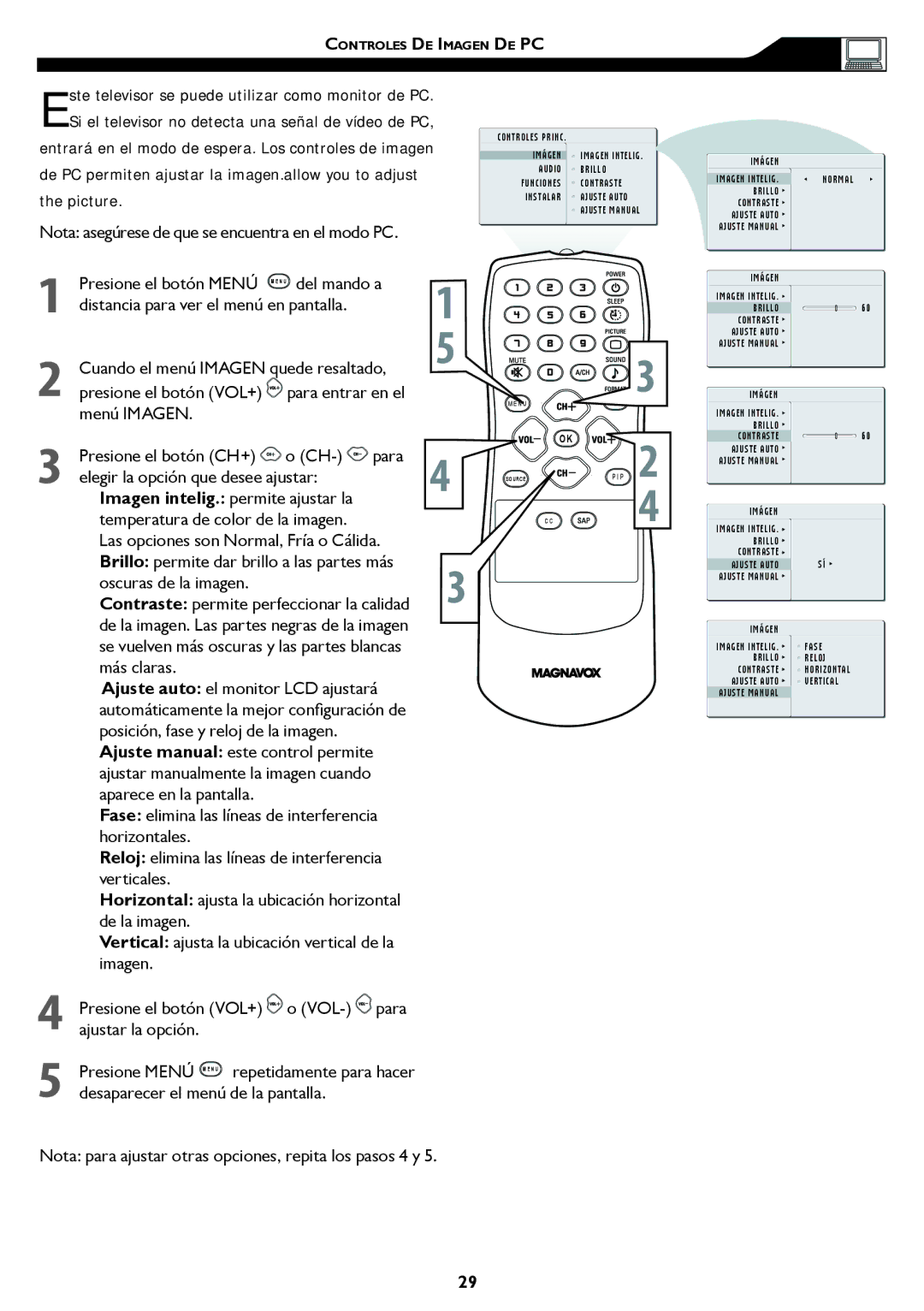 Magnavox 15MF, 20MF manual Nota para ajustar otras opciones, repita los pasos 4 y 