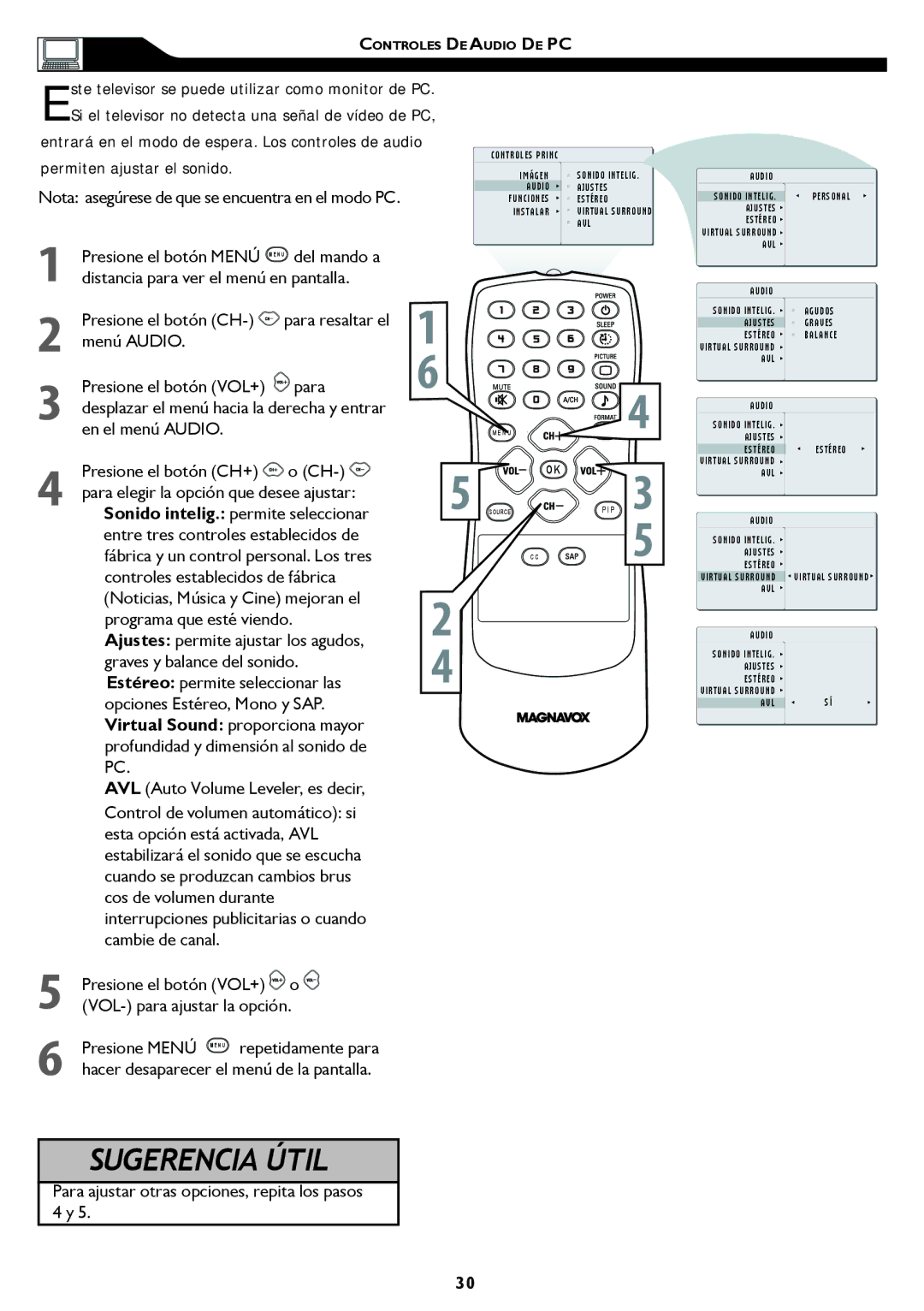 Magnavox 20MF, 15MF manual Nota asegúrese de que se encuentra en el modo PC, Sonido intelig. permite seleccionar 