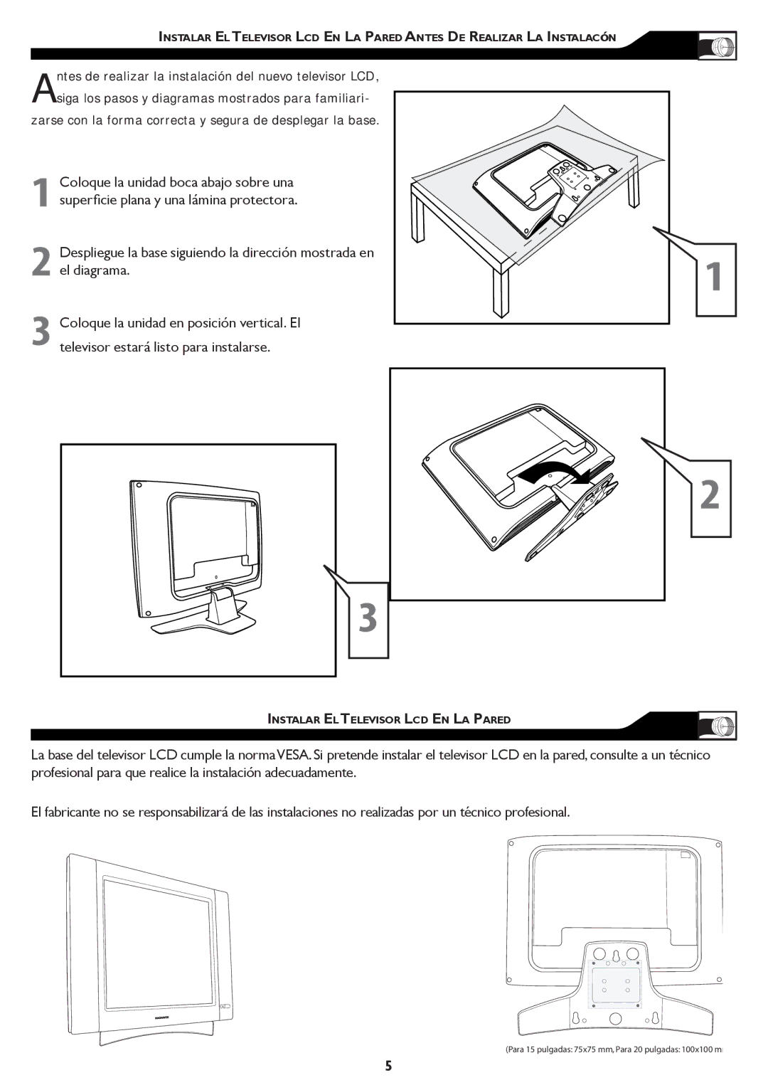 Magnavox 15MF, 20MF manual Instalar EL Televisor LCD EN LA Pared 