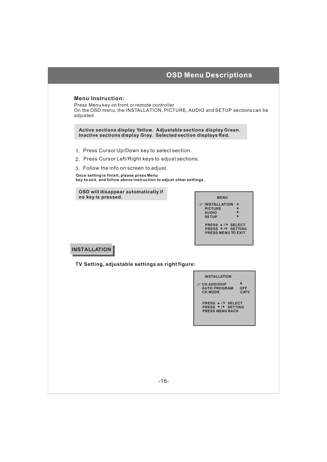 Magnavox 20MF200V OSD Menu Descriptions, Menu Instruction, Installation, TV Setting, adjustable settings as right figure 