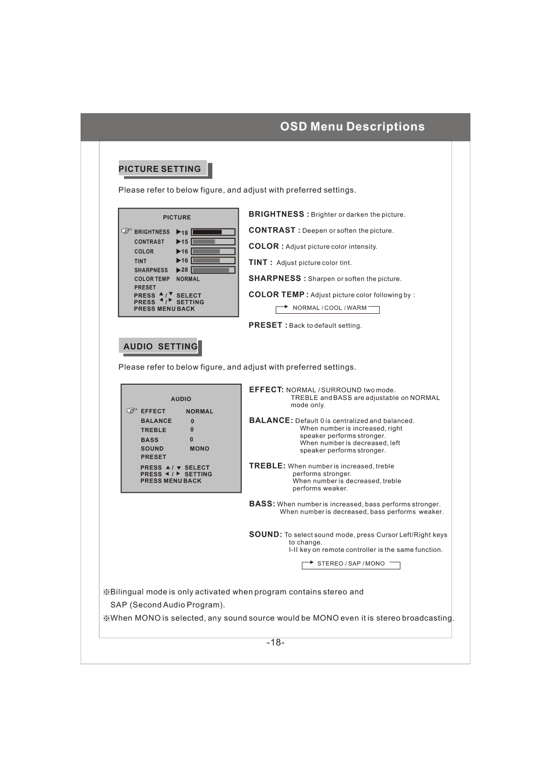 Magnavox 20MF200V owner manual Picture Setting, Audio Setting 