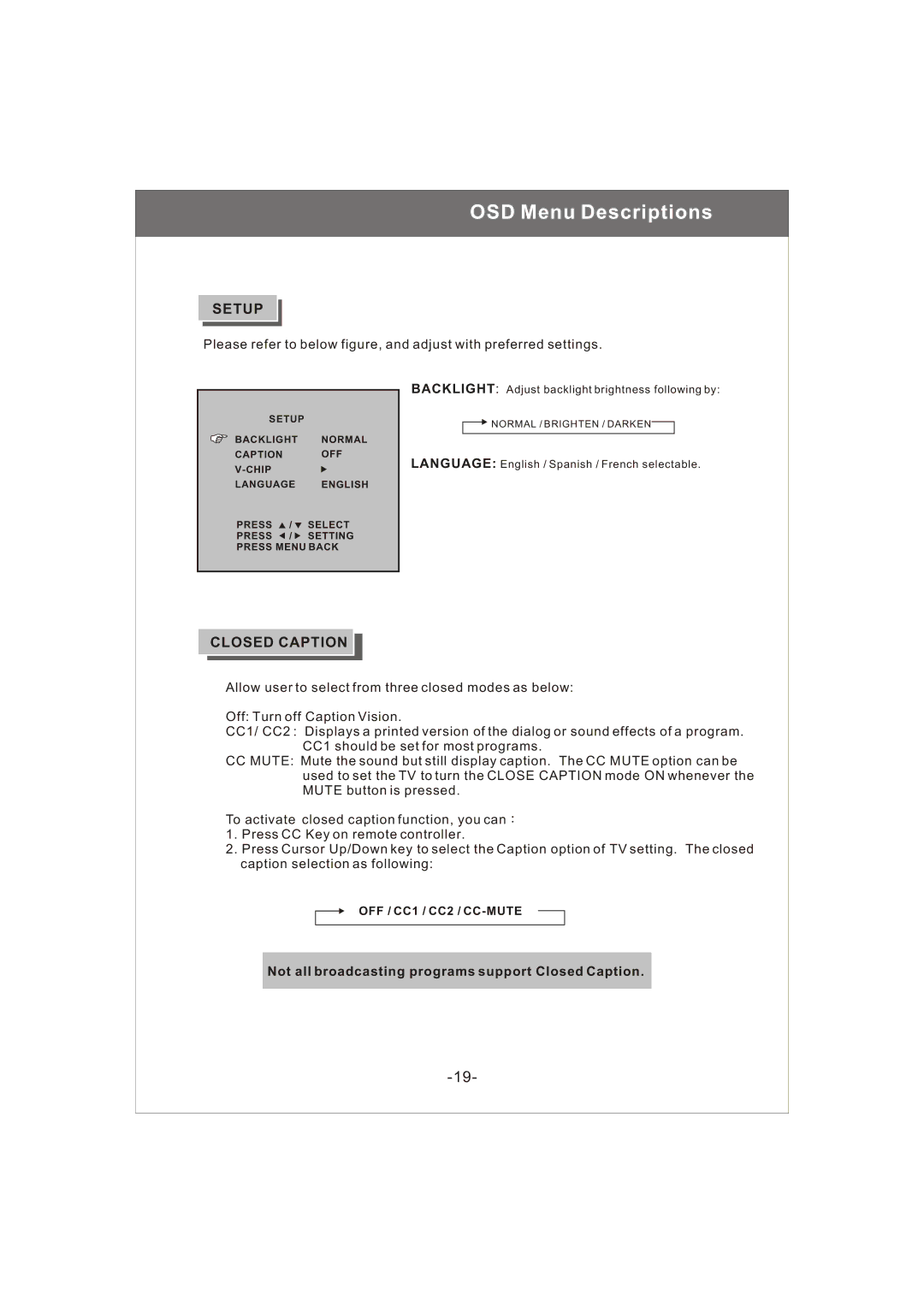 Magnavox 20MF200V owner manual Setup, Closed Caption 