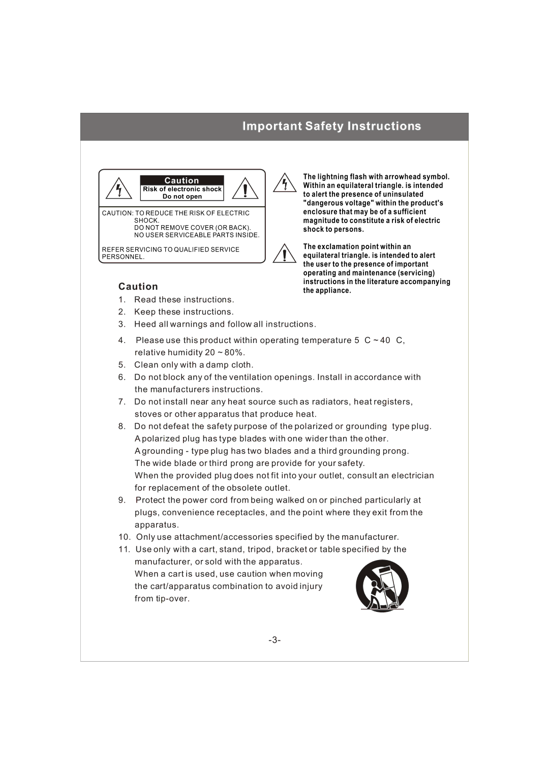 Magnavox 20MF200V owner manual Important Safety Instructions, Risk of electronic shock Do not open 