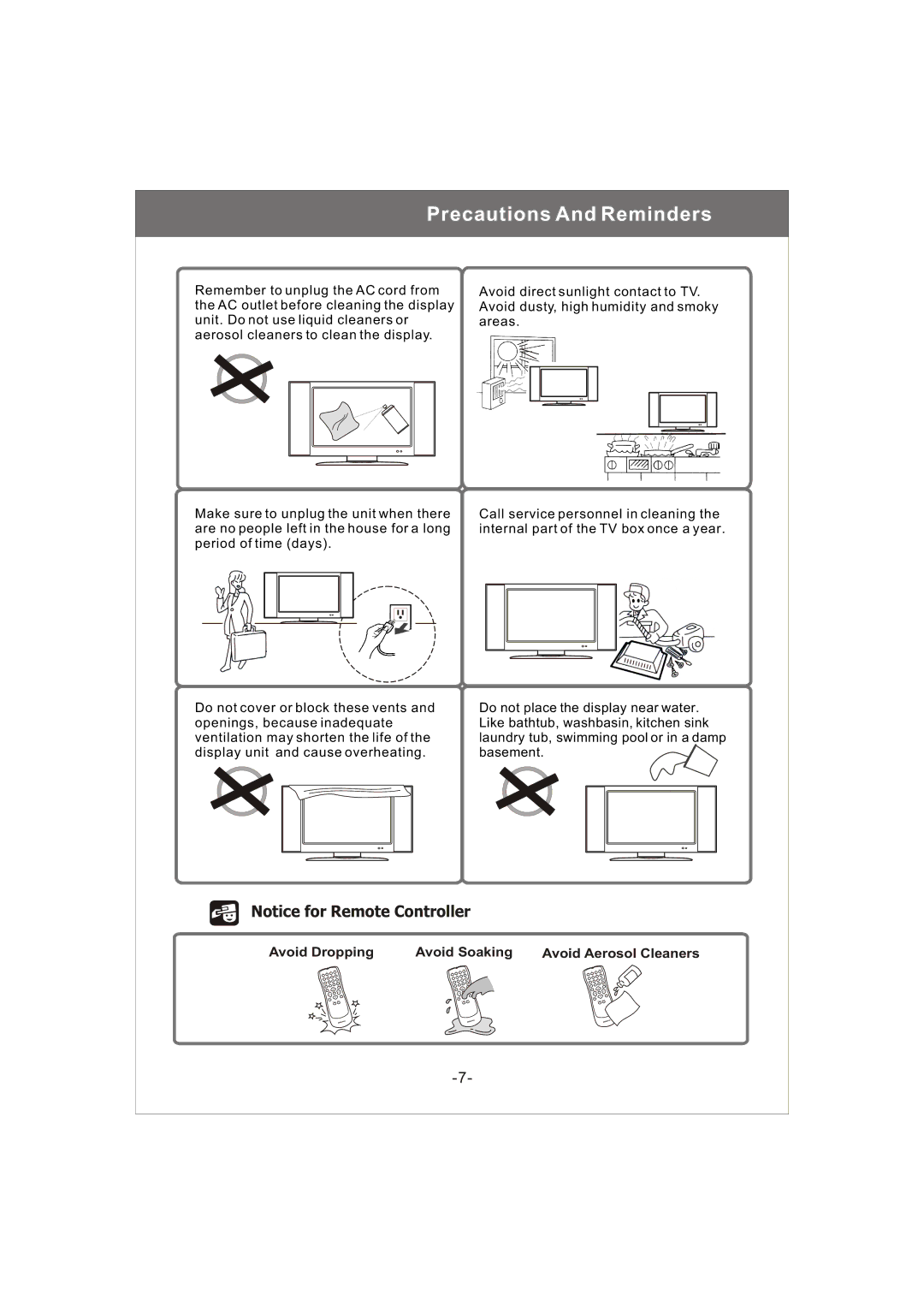 Magnavox 20MF200V owner manual Avoid Dropping Avoid Soaking Avoid Aerosol Cleaners 