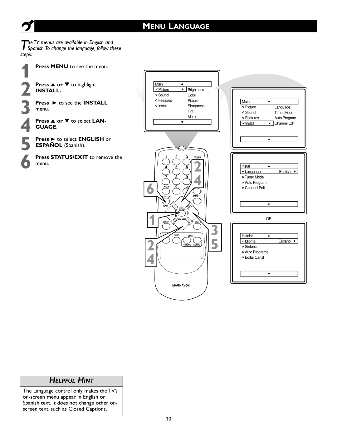 Magnavox 20MS334R owner manual Menu Language, Press Menu to see the menu Press 5 or to highlight 