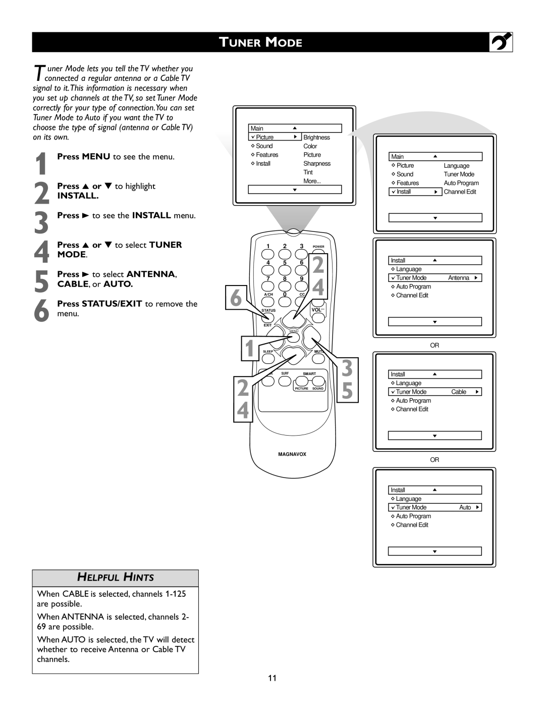 Magnavox 20MS334R owner manual Tuner Mode, Press 3 to see the Install menu 