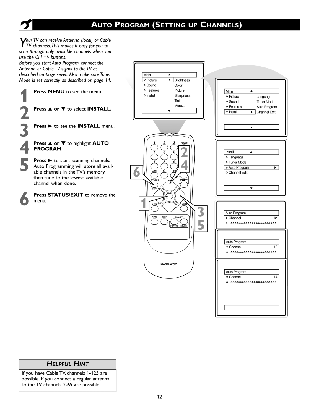 Magnavox 20MS334R owner manual Auto Program Setting UP Channels, Press Menu to see the menu, Press 5 or to select Install 