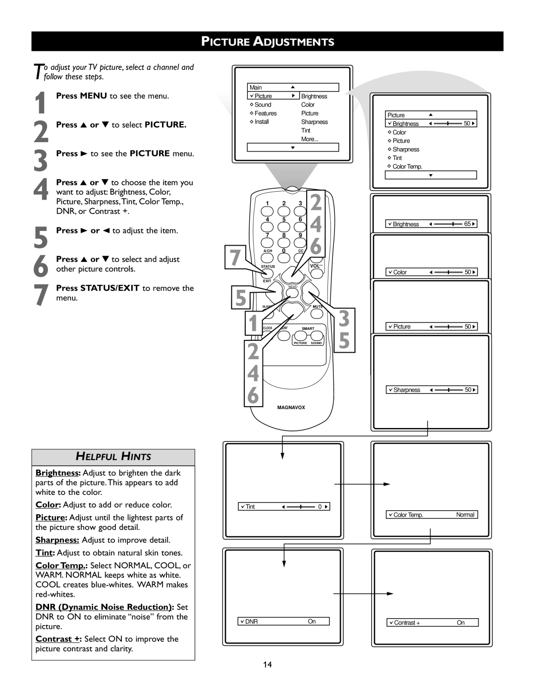 Magnavox 20MS334R owner manual Picture Adjustments, Press 5 or to select Picture 