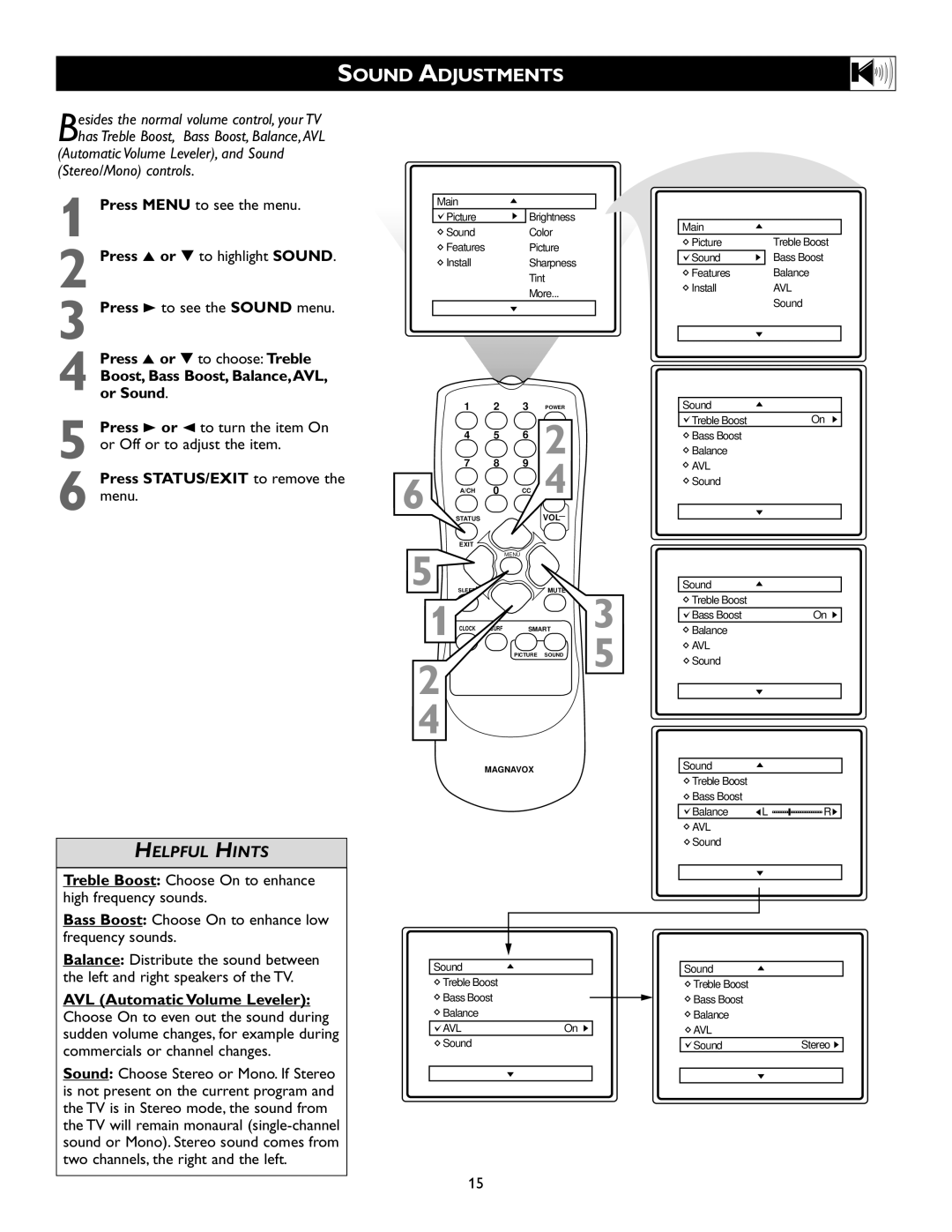 Magnavox 20MS334R owner manual Sound Adjustments, AVL Automatic Volume Leveler 