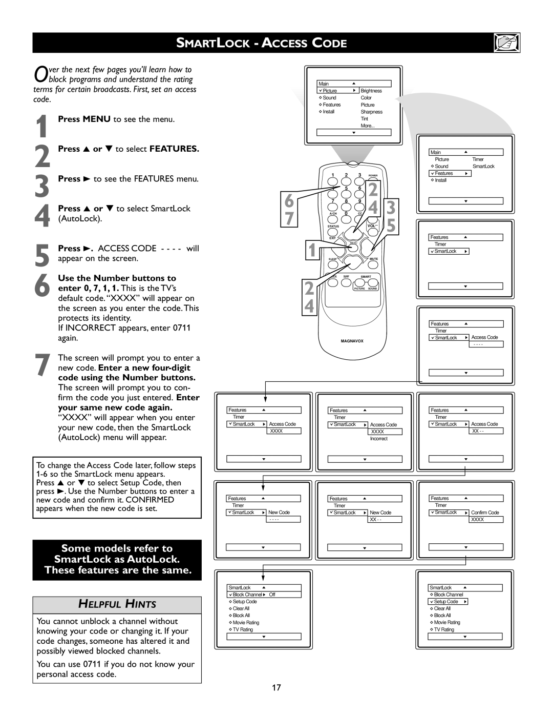 Magnavox 20MS334R owner manual Smartlock Access Code, Press 5 or to select Features, Press 3 to see the Features menu 