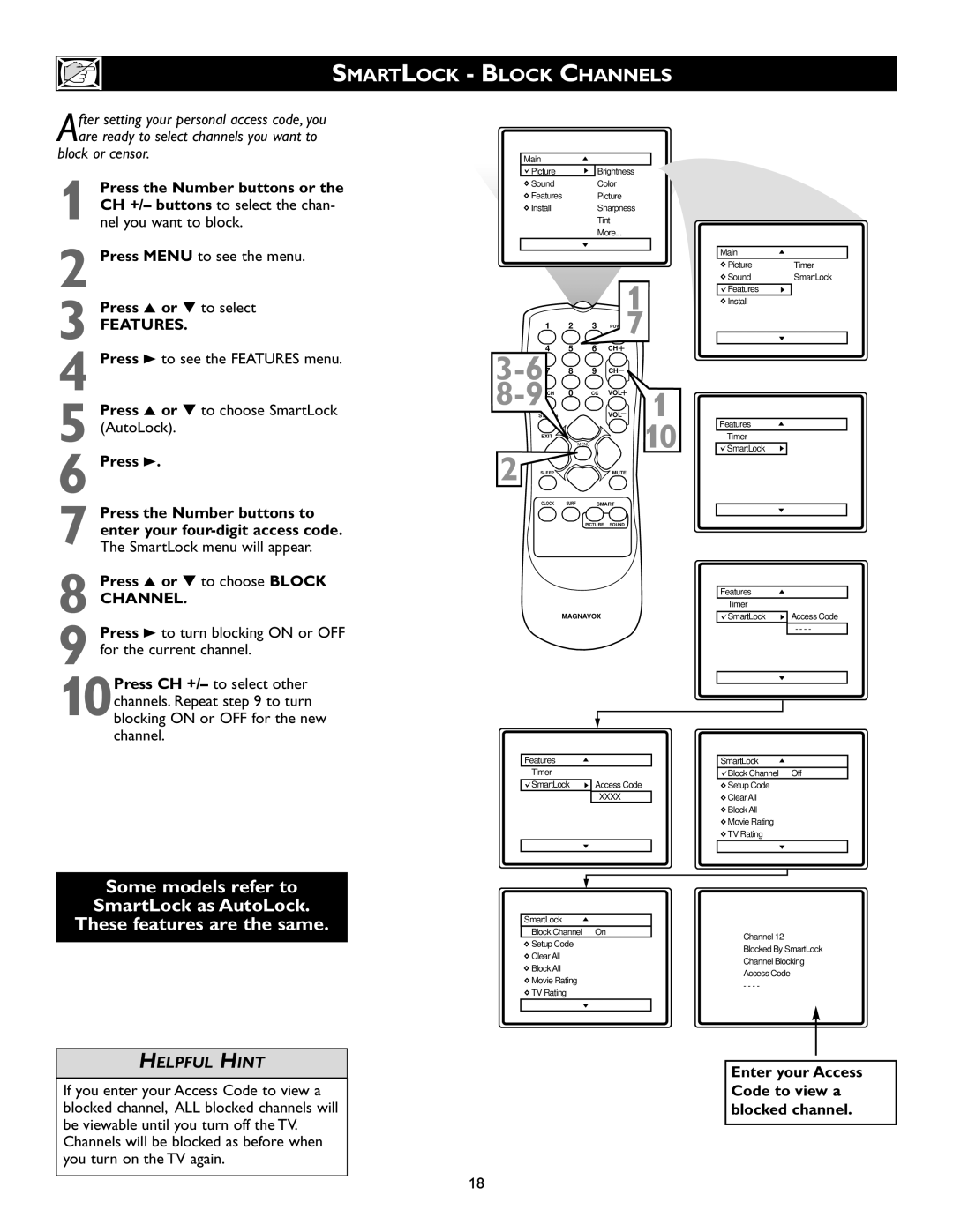 Magnavox 20MS334R owner manual Smartlock Block Channels, Press Menu to see the menu Press 5 or to select 