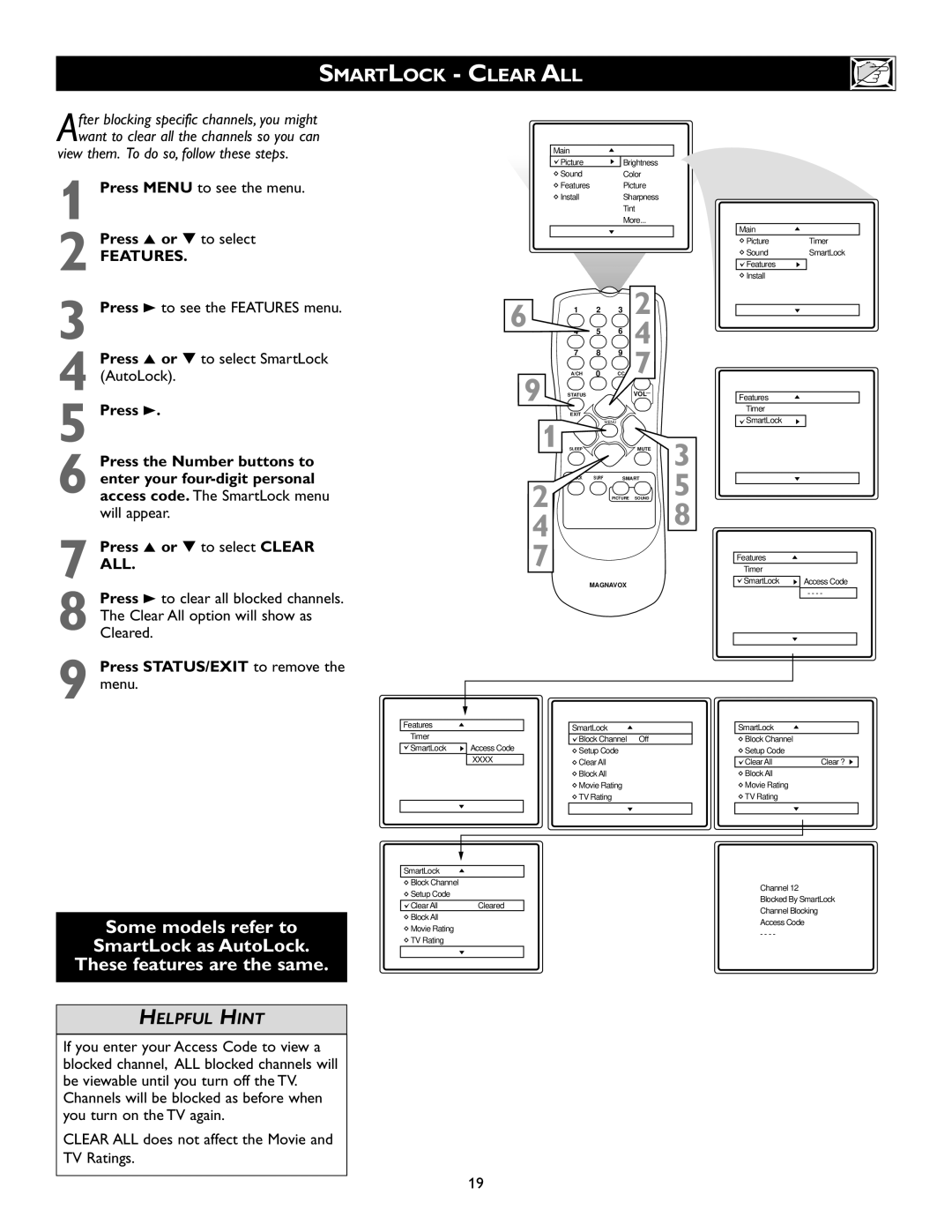 Magnavox 20MS334R owner manual Smartlock Clear ALL 