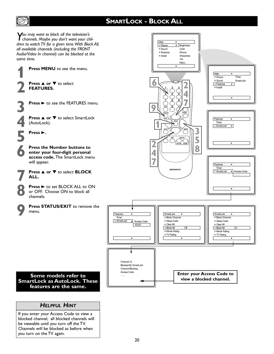 Magnavox 20MS334R owner manual Smartlock Block ALL, Access CodeEnter your Access Code to View a blocked channel 