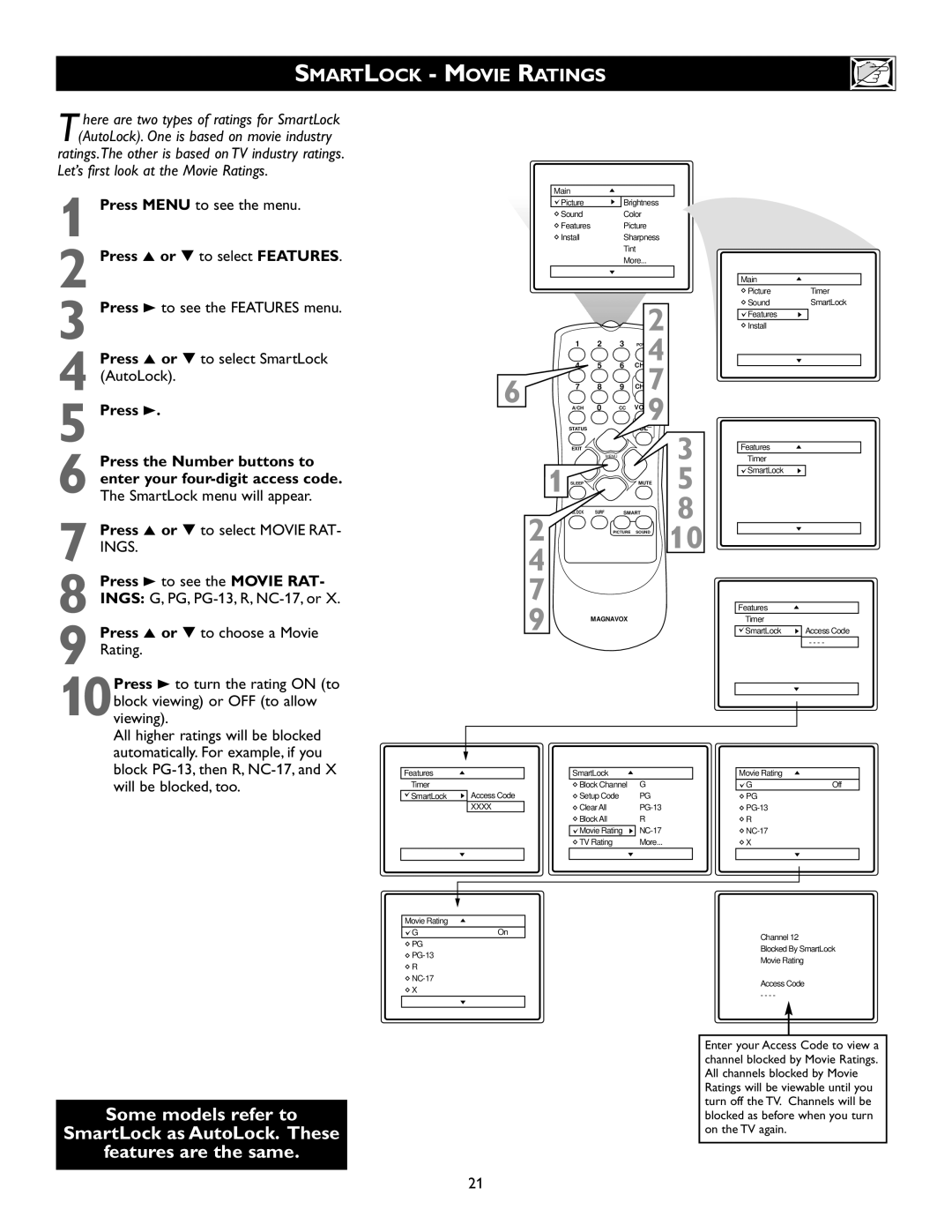 Magnavox 20MS334R owner manual Smartlock Movie Ratings, Press 5 or to select Movie RAT- Ings 