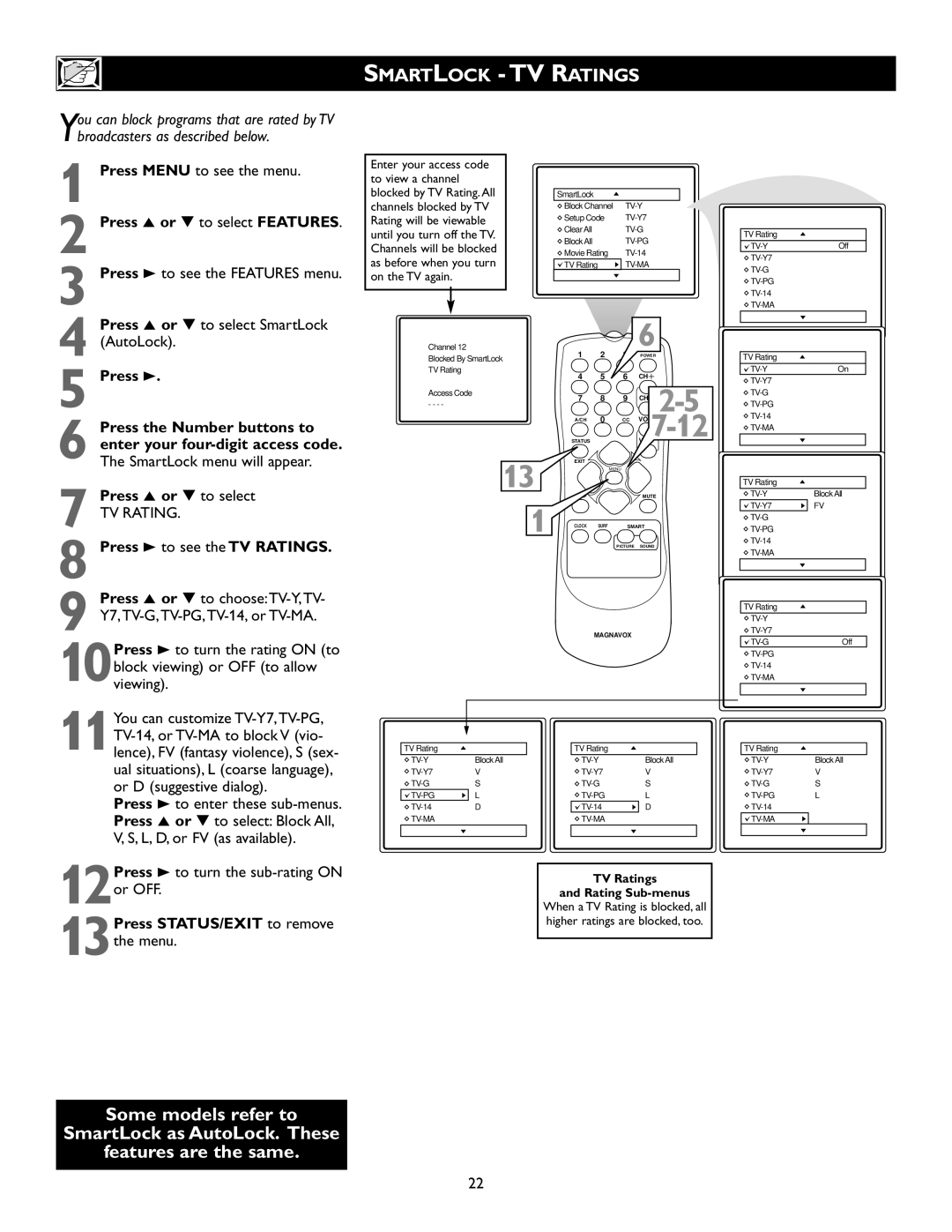 Magnavox 20MS334R owner manual Smartlock TV Ratings, Press 3 to see the TV Ratings, 13Press STATUS/EXIT to remove the menu 