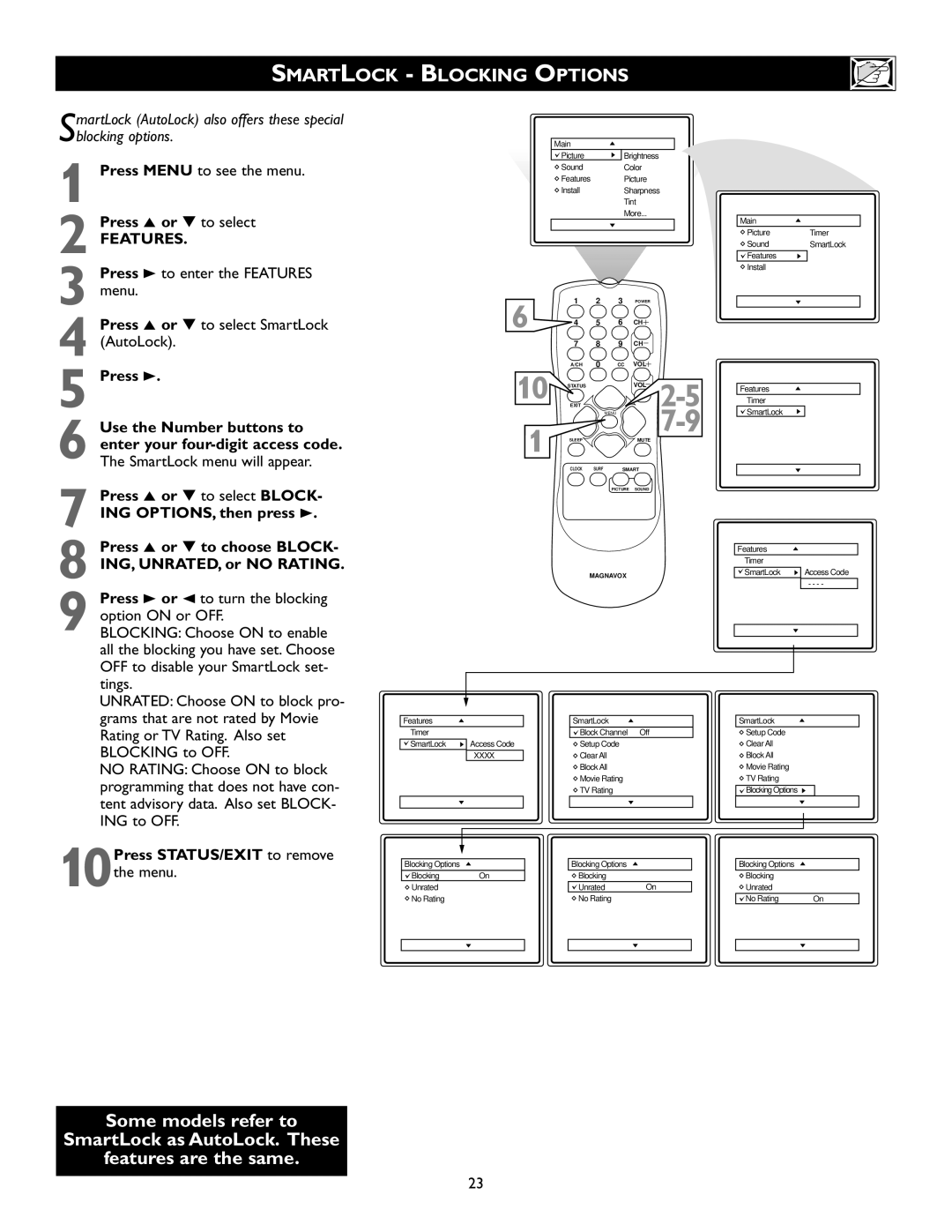 Magnavox 20MS334R Smartlock Blocking Options, Press 3 to enter the Features menu, 10Press STATUS/EXIT to remove the menu 