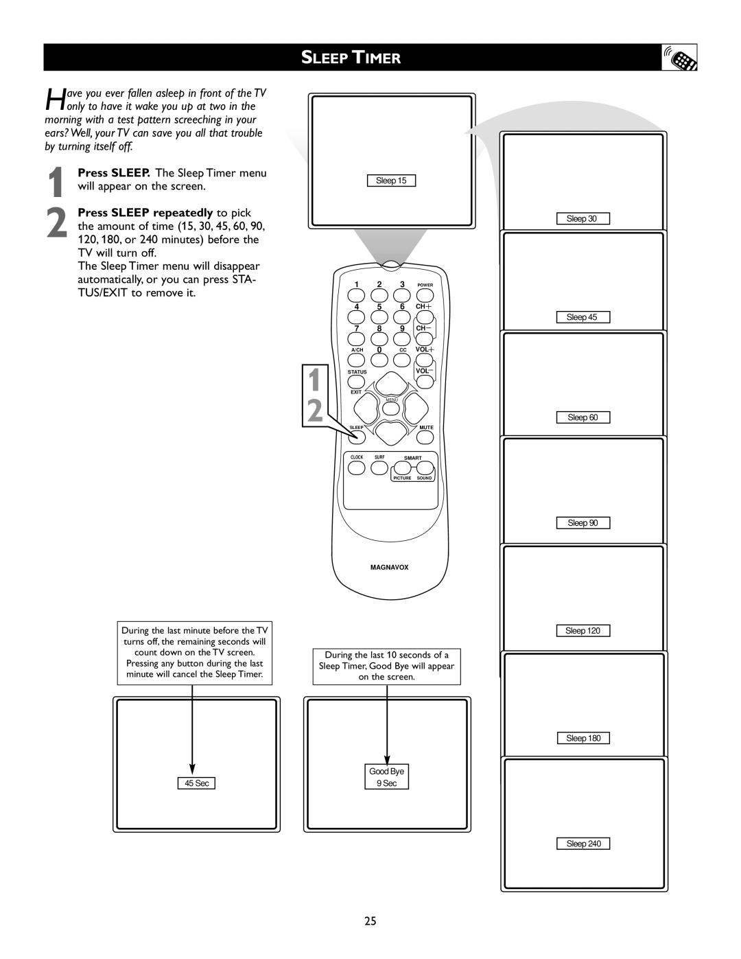 Magnavox 20MS334R owner manual Sleep Timer, Will appear on the screen, Press Sleep repeatedly to pick, TV will turn off 