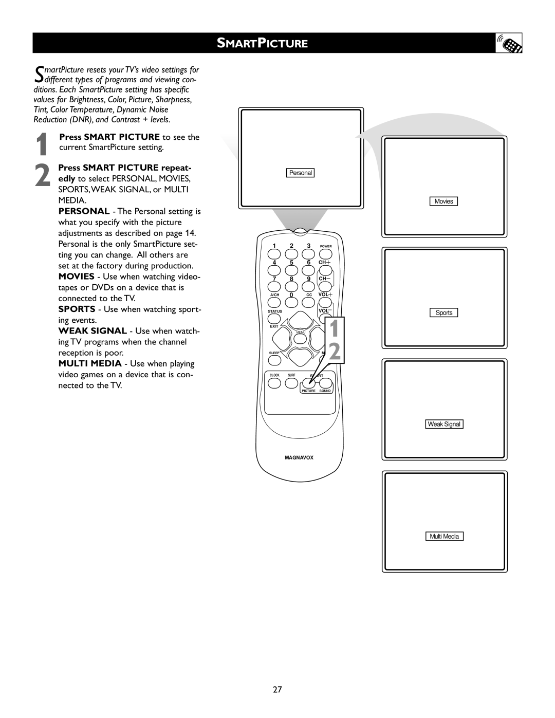 Magnavox 20MS334R owner manual Smartpicture 