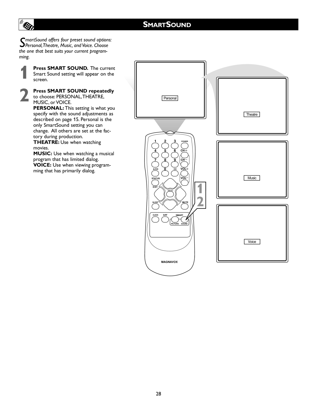 Magnavox 20MS334R owner manual Smartsound, Theatre Use when watching movies 