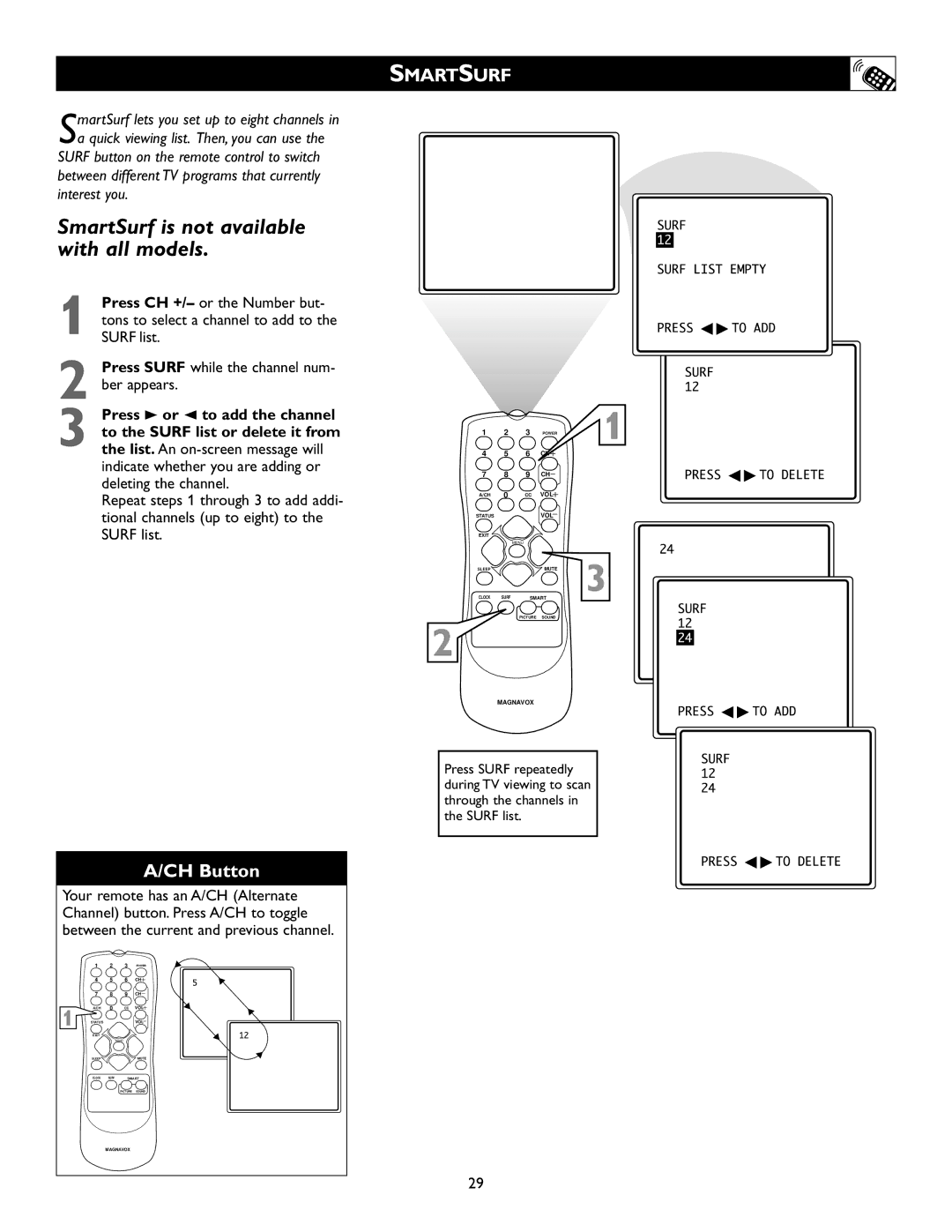 Magnavox 20MS334R owner manual Smartsurf, Press Surf while the channel num- ber appears 