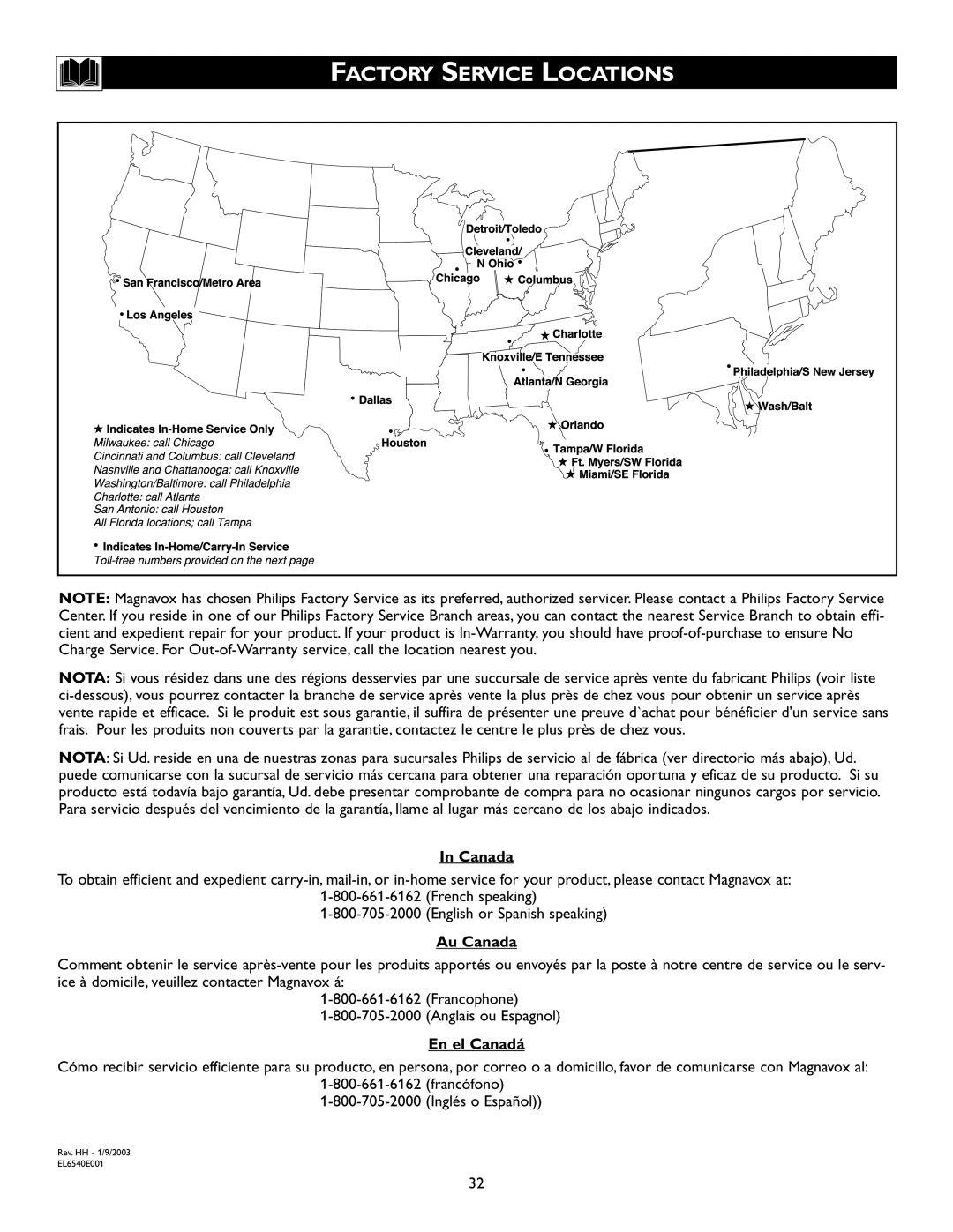 Magnavox 20MS334R owner manual Au Canada, En el Canadá 