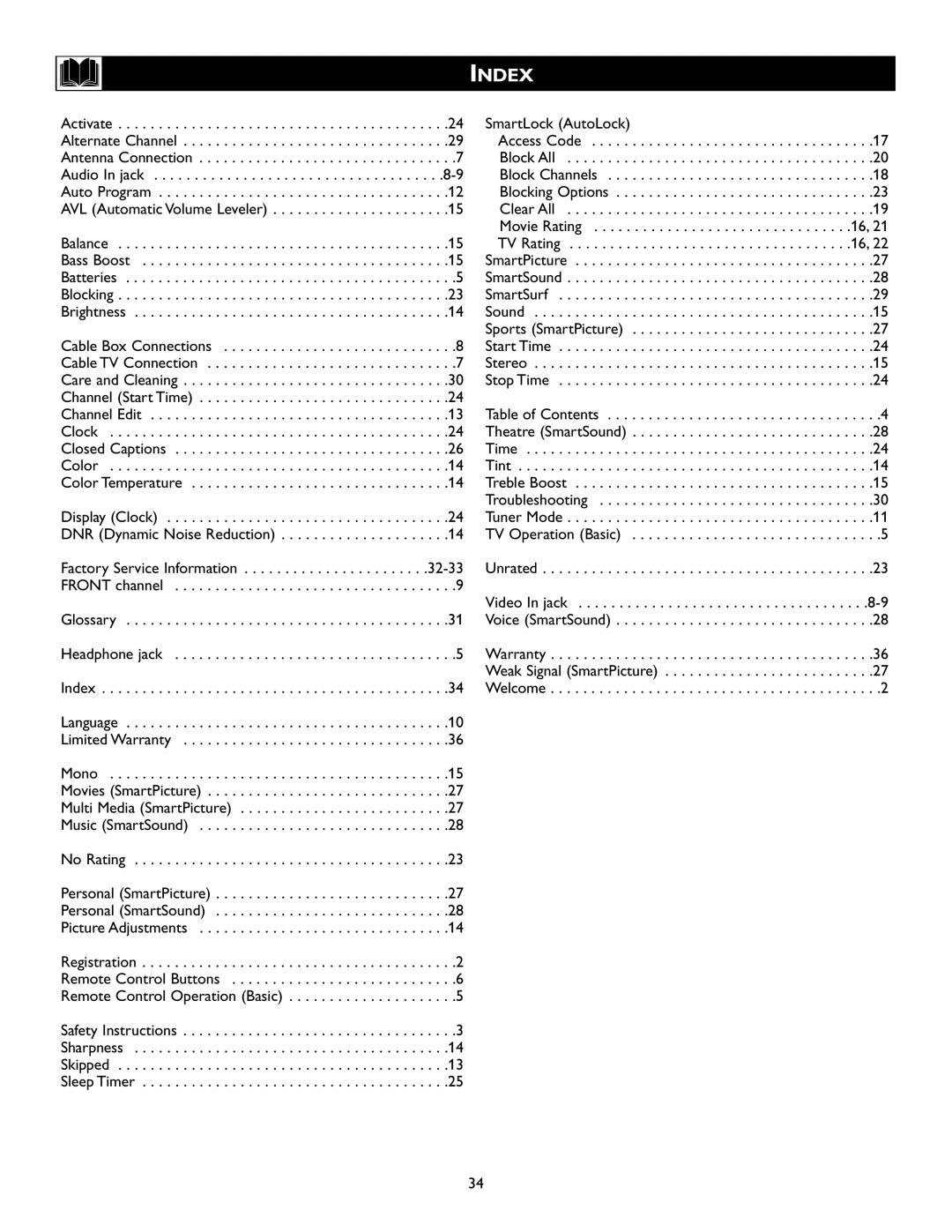 Magnavox 20MS334R owner manual Index, SmartLock AutoLock, Video In jack 