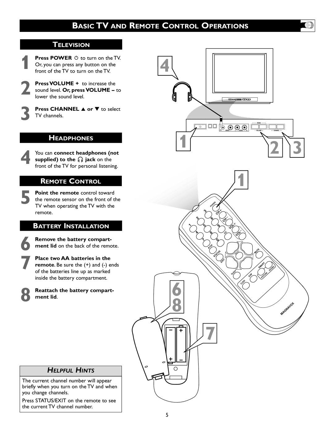 Magnavox 20MS334R owner manual Basic TV and Remote Control Operations, Press Channel 5 or to select TV channels 