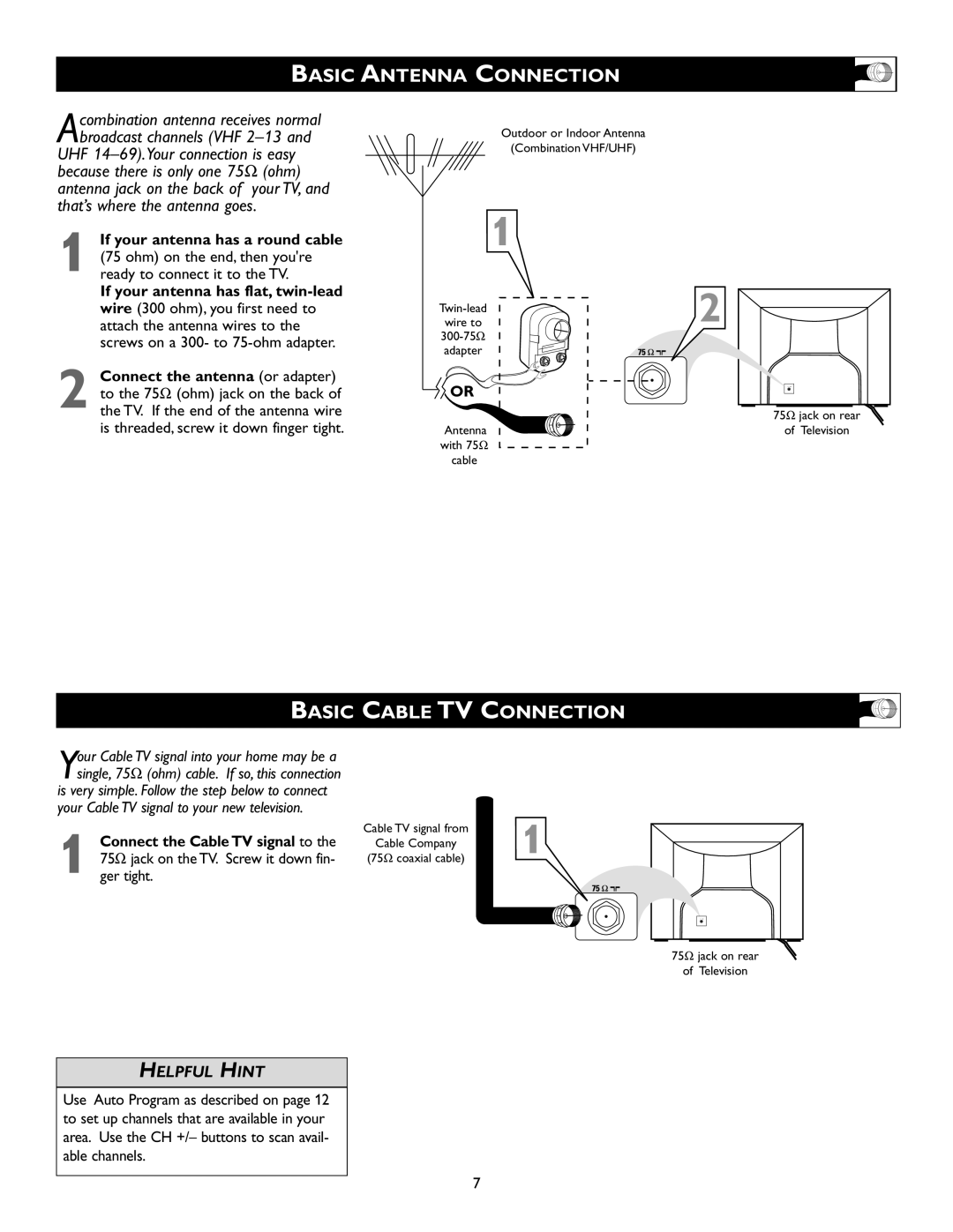 Magnavox 20MS334R owner manual Basic Antenna Connection, Basic Cable TV Connection, If your antenna has a round cable 