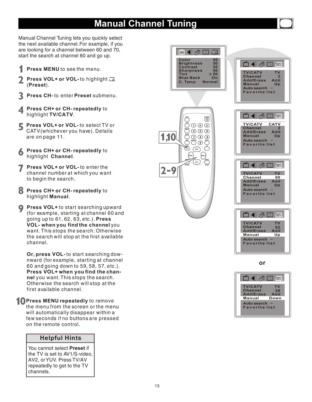 Magnavox 20MS3442/17 owner manual Manual Channel Tuning, VOL- when you find the channel you 