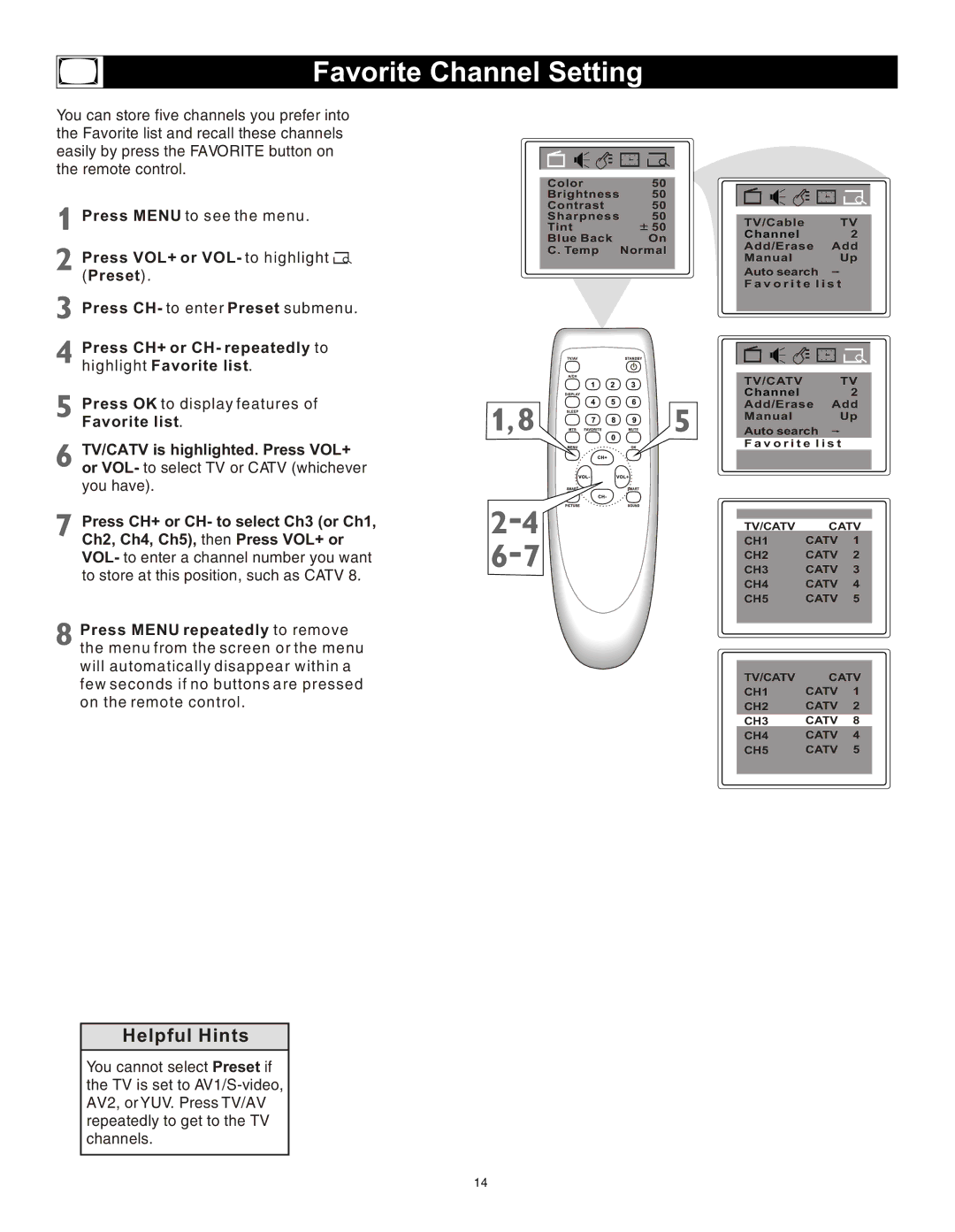 Magnavox 20MS3442/17 owner manual Favorite Channel Setting, Favorite list TV/CATV is highlighted. Press VOL+ 