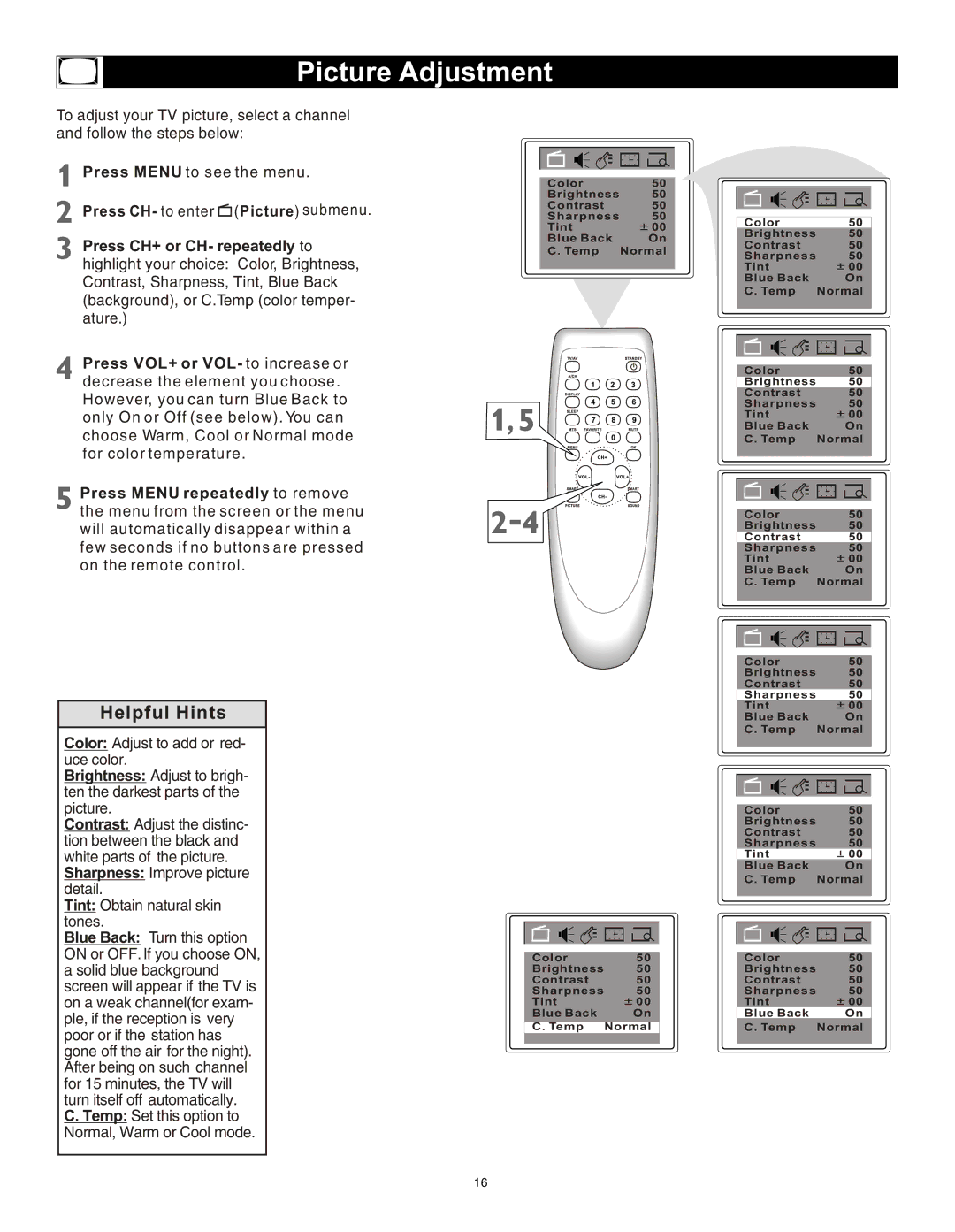 Magnavox 20MS3442/17 owner manual Picture Adjustment 