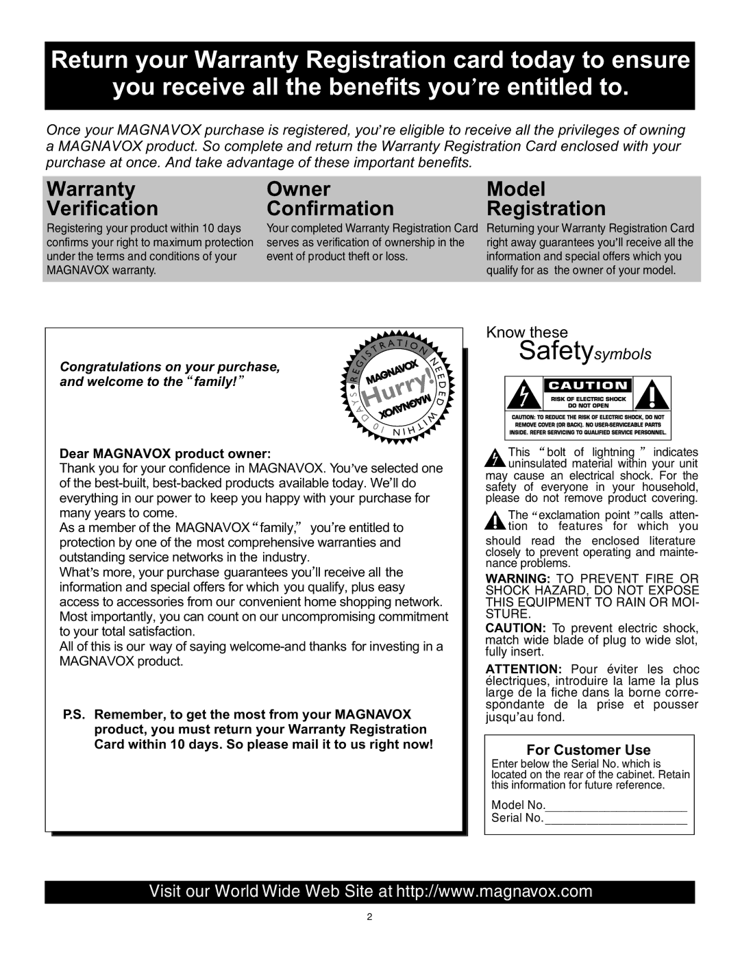 Magnavox 20MS3442/17 owner manual Warranty Verification 