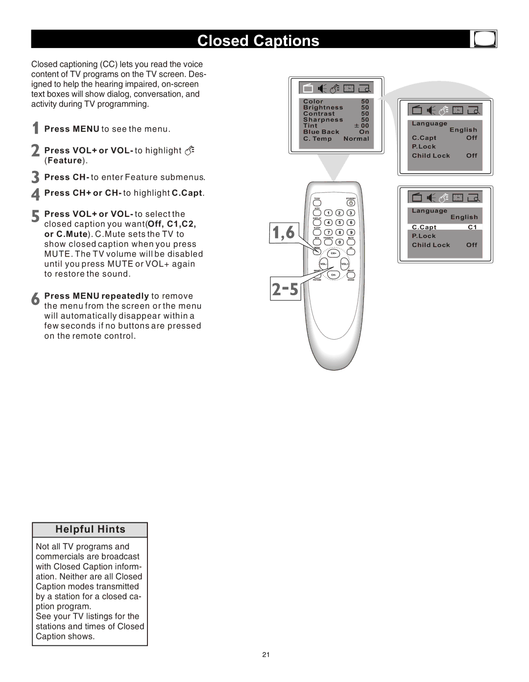 Magnavox 20MS3442/17 owner manual Closed Captions, Press VOL+ or VOL- to highlight Feature 