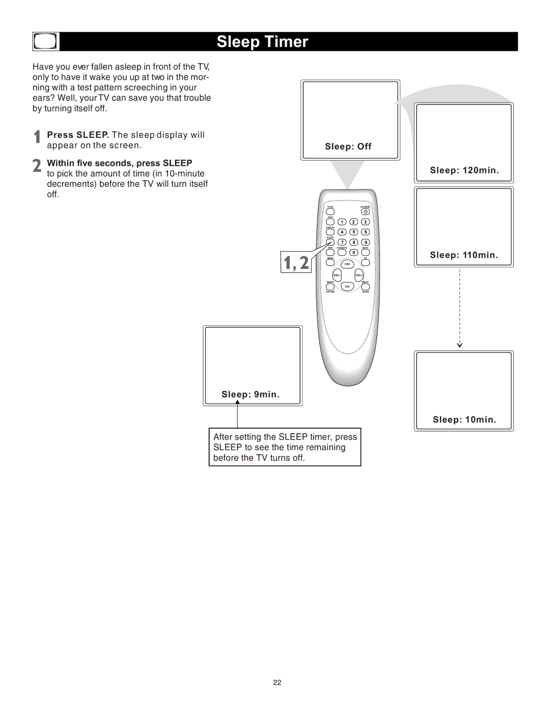 Magnavox 20MS3442/17 owner manual Sleep Timer, Sleep Off, Within five seconds, press Sleep, Sleep 9min 