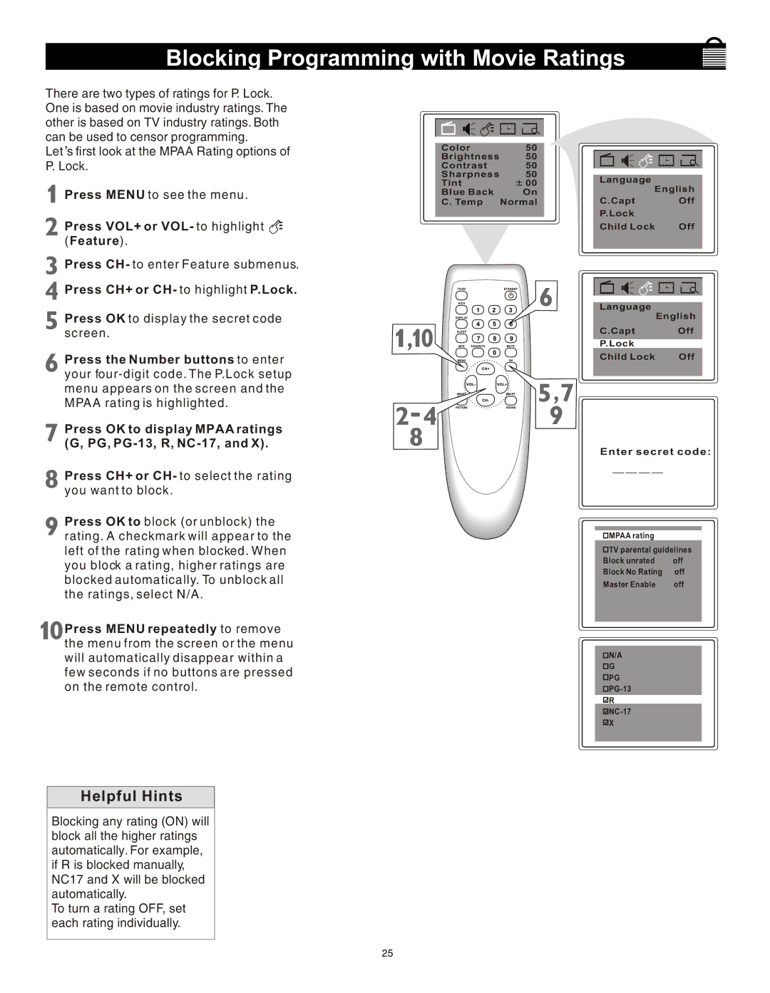 Magnavox 20MS3442/17 owner manual Blocking Programming with Movie Ratings, Enter secret code 