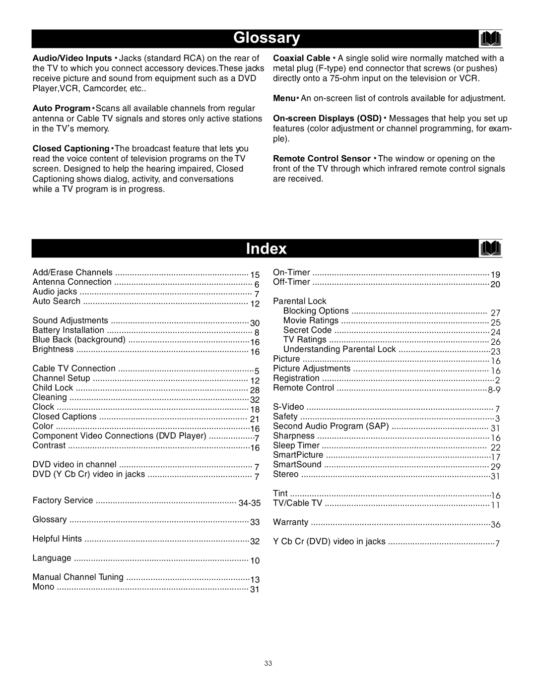 Magnavox 20MS3442/17 owner manual Glossary, Index 