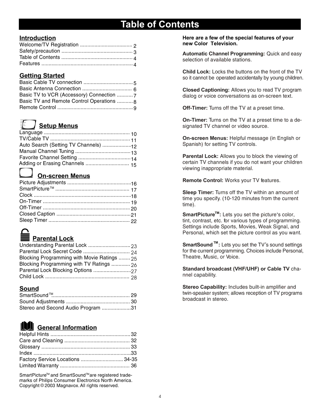 Magnavox 20MS3442/17 owner manual Table of Contents 