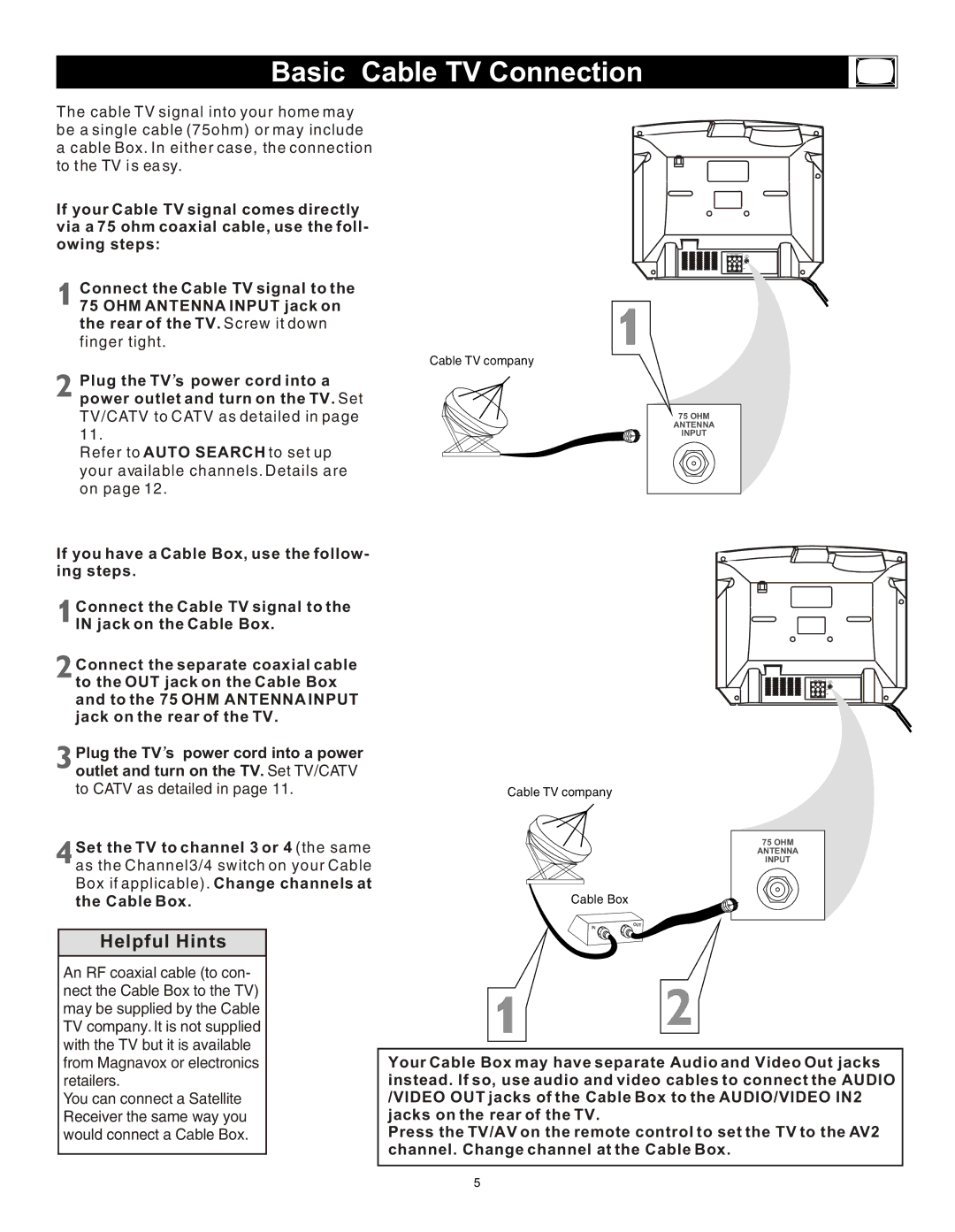 Magnavox 20MS3442/17 owner manual Basic Cable TV Connection, Set the TV to channel 3 or 4 the same, Cable Box 