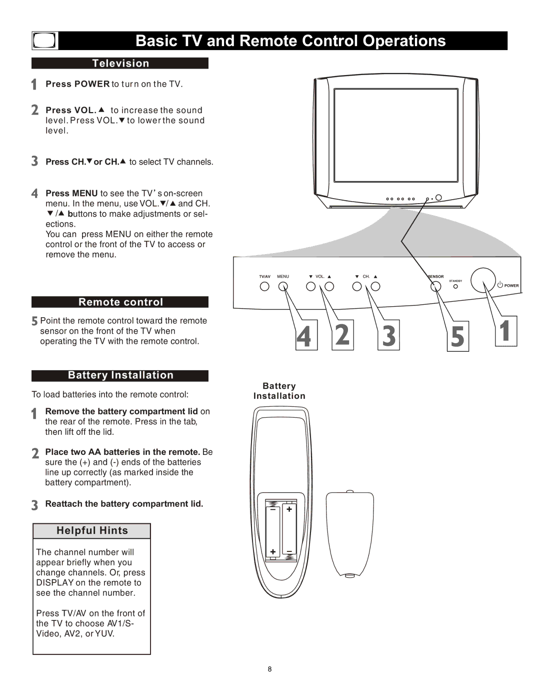 Magnavox 20MS3442/17 Basic TV and Remote Control Operations, Remove the battery compartment lid on, Battery Installation 