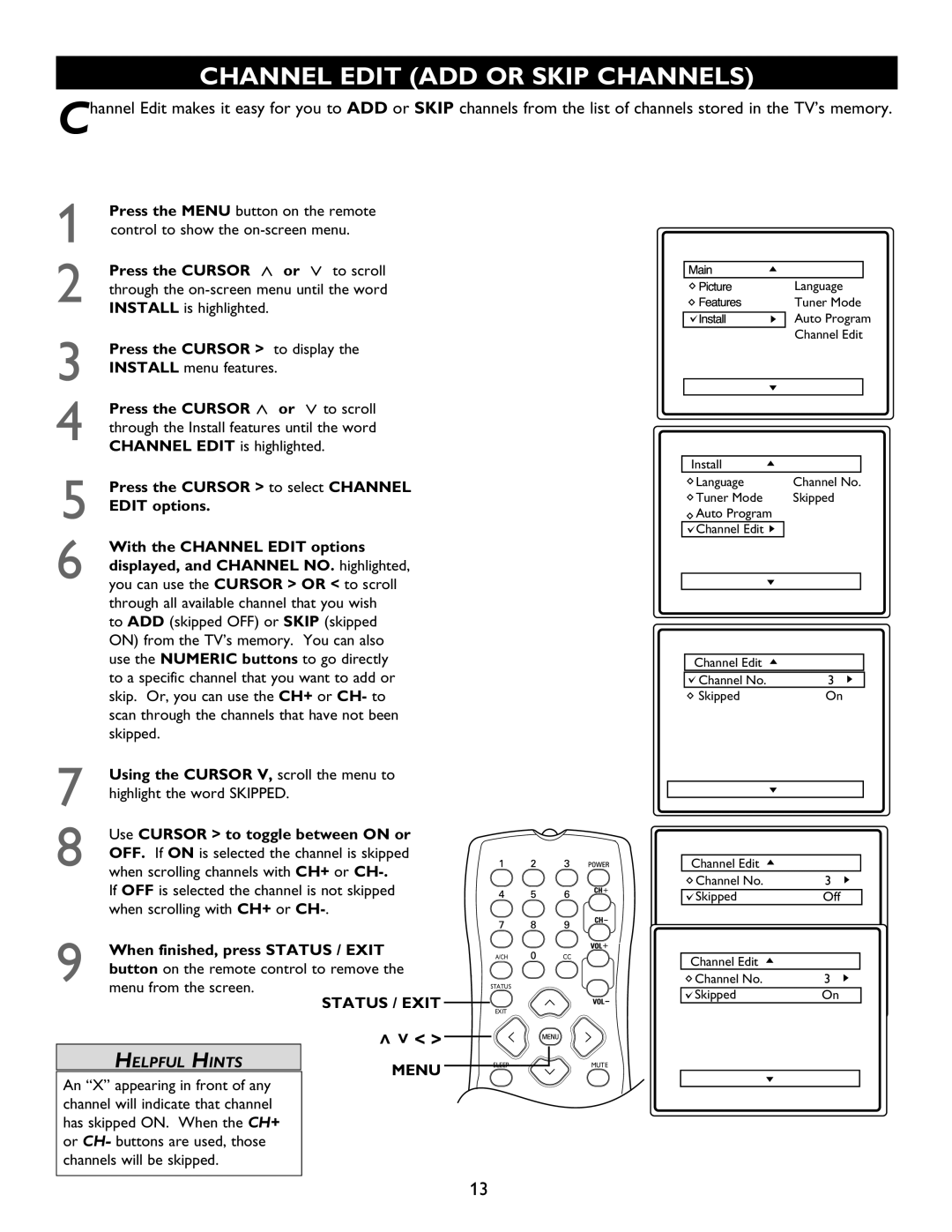 Magnavox 20MT1336 manual Channel Edit ADD or Skip Channels, Kipped 