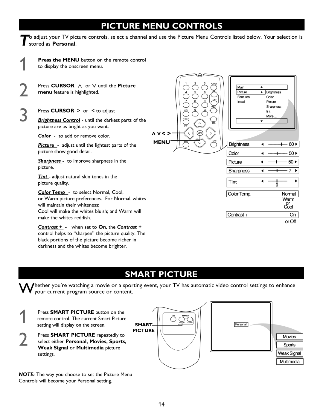 Magnavox 20MT1336 manual Picture Menu Controls, Smart Picture 