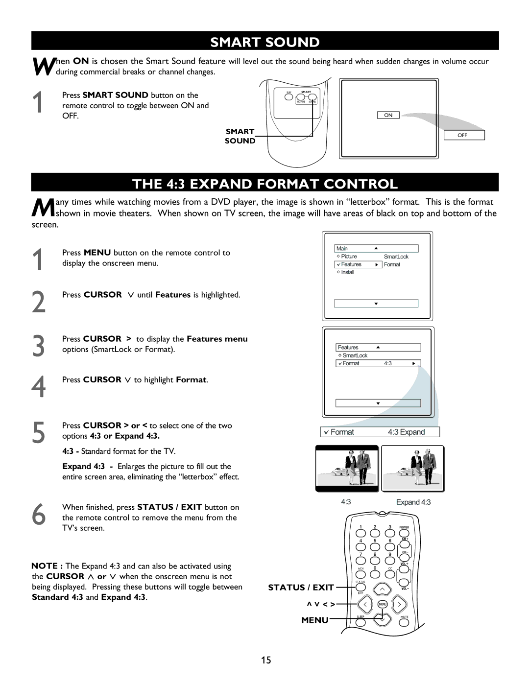 Magnavox 20MT1336 manual Smart Sound, Expand Format Control, Remote control to toggle between on 