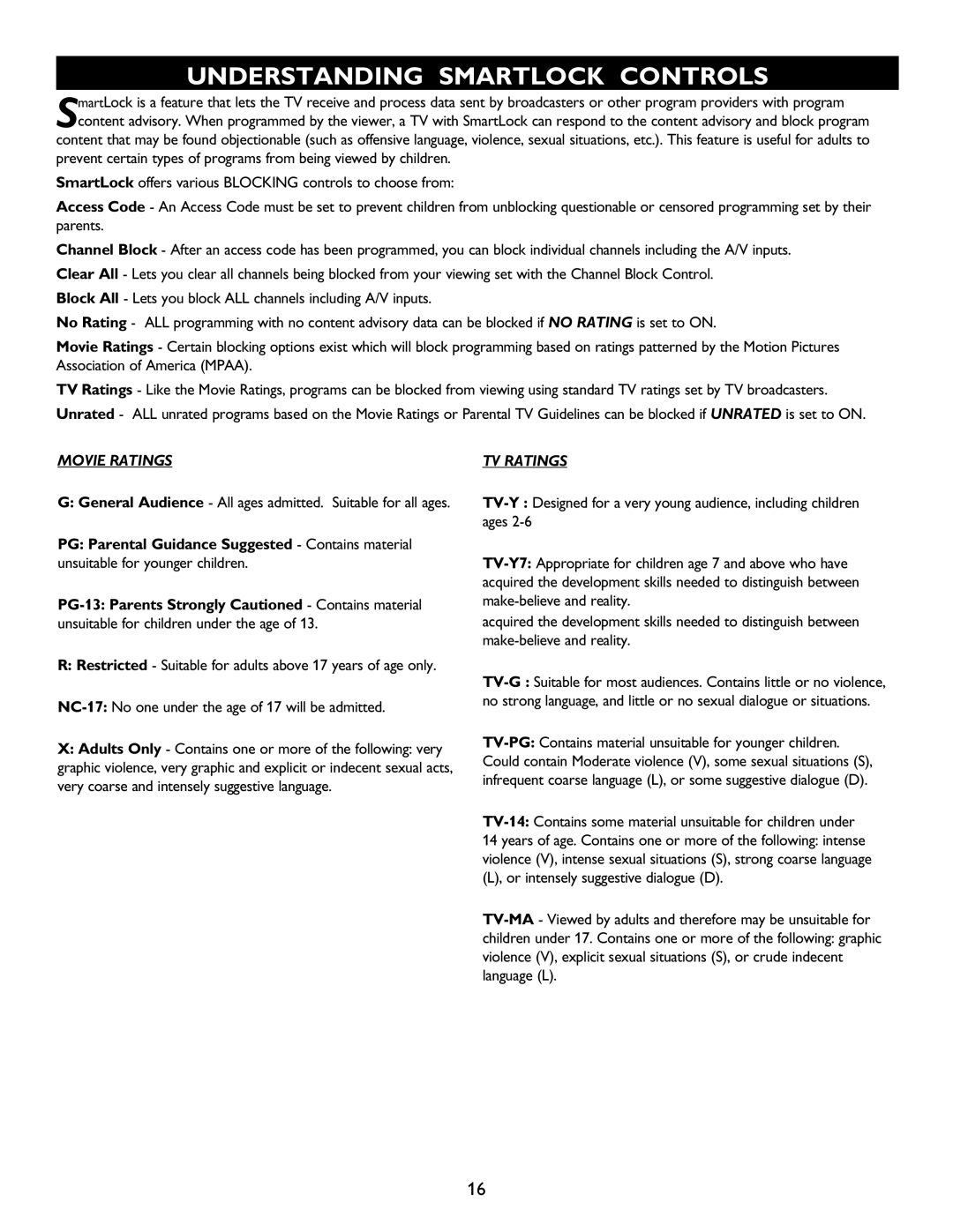 Magnavox 20MT1336 manual Understanding Smartlock Controls, PG Parental Guidance Suggested Contains material 